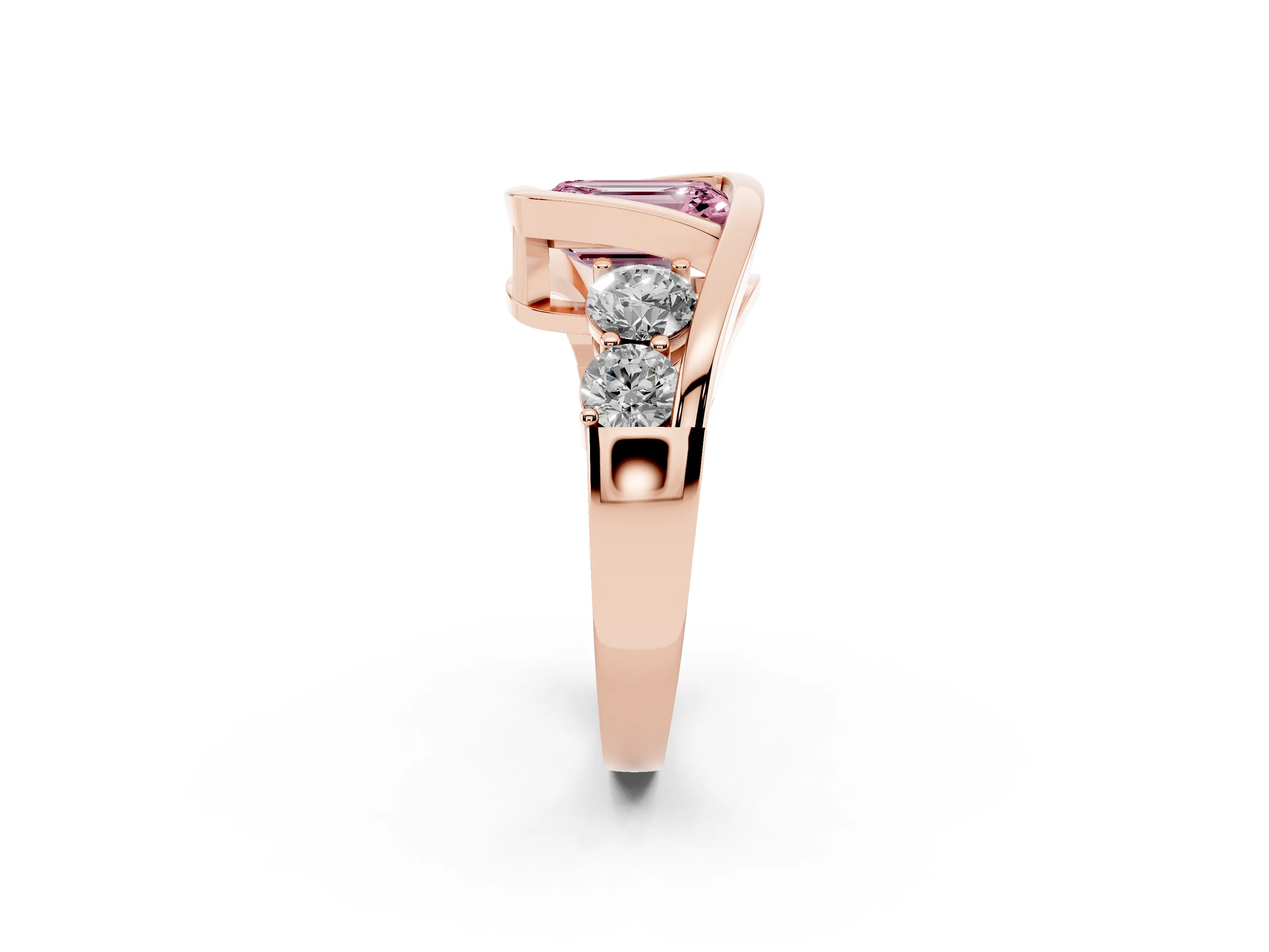 Fancy Pink Emerald Cut Diamond Bezel Bypass Ring Set in Rose gold with Round Accents