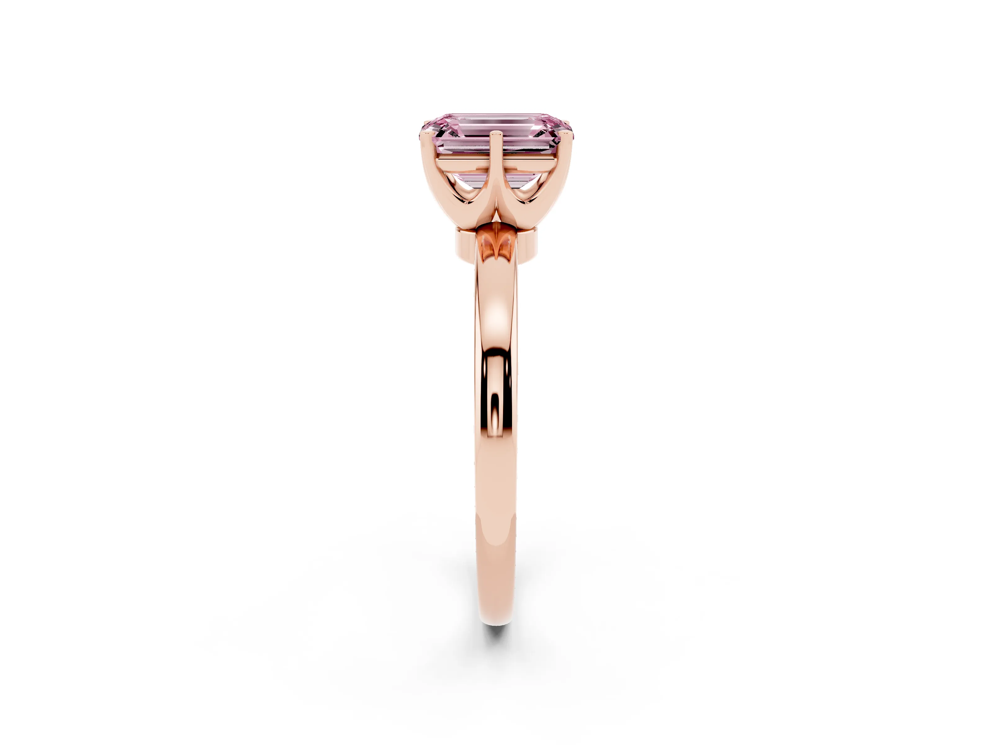 Fancy Pink Emerald Cut Diamond Solitaire Ring Set in Rose gold with Raised Prong Setting on a Classic Band