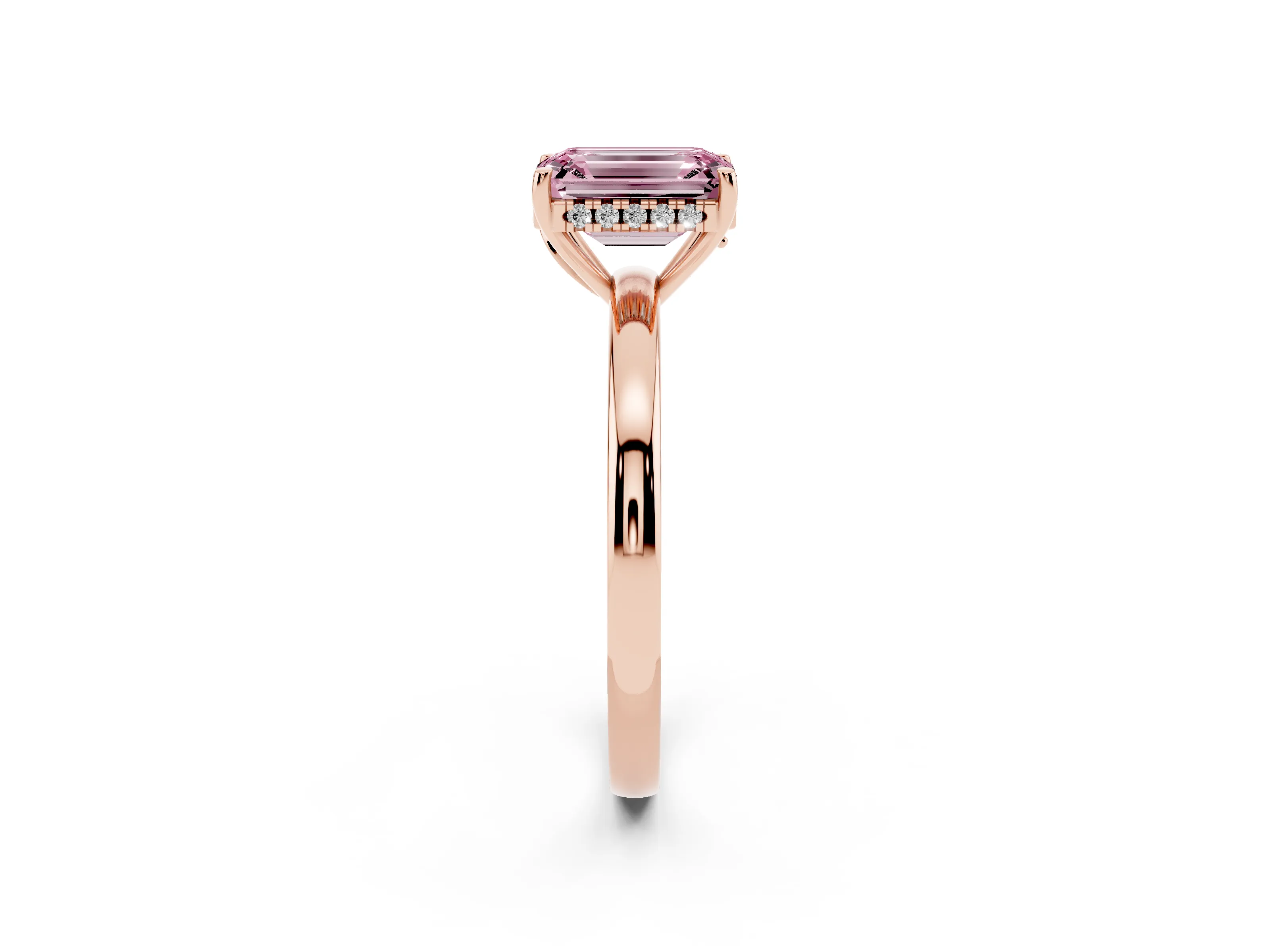 Fancy Pink Emerald Cut Diamond Solitaire Ring Set in Rose gold with Plain Band and Prong Setting