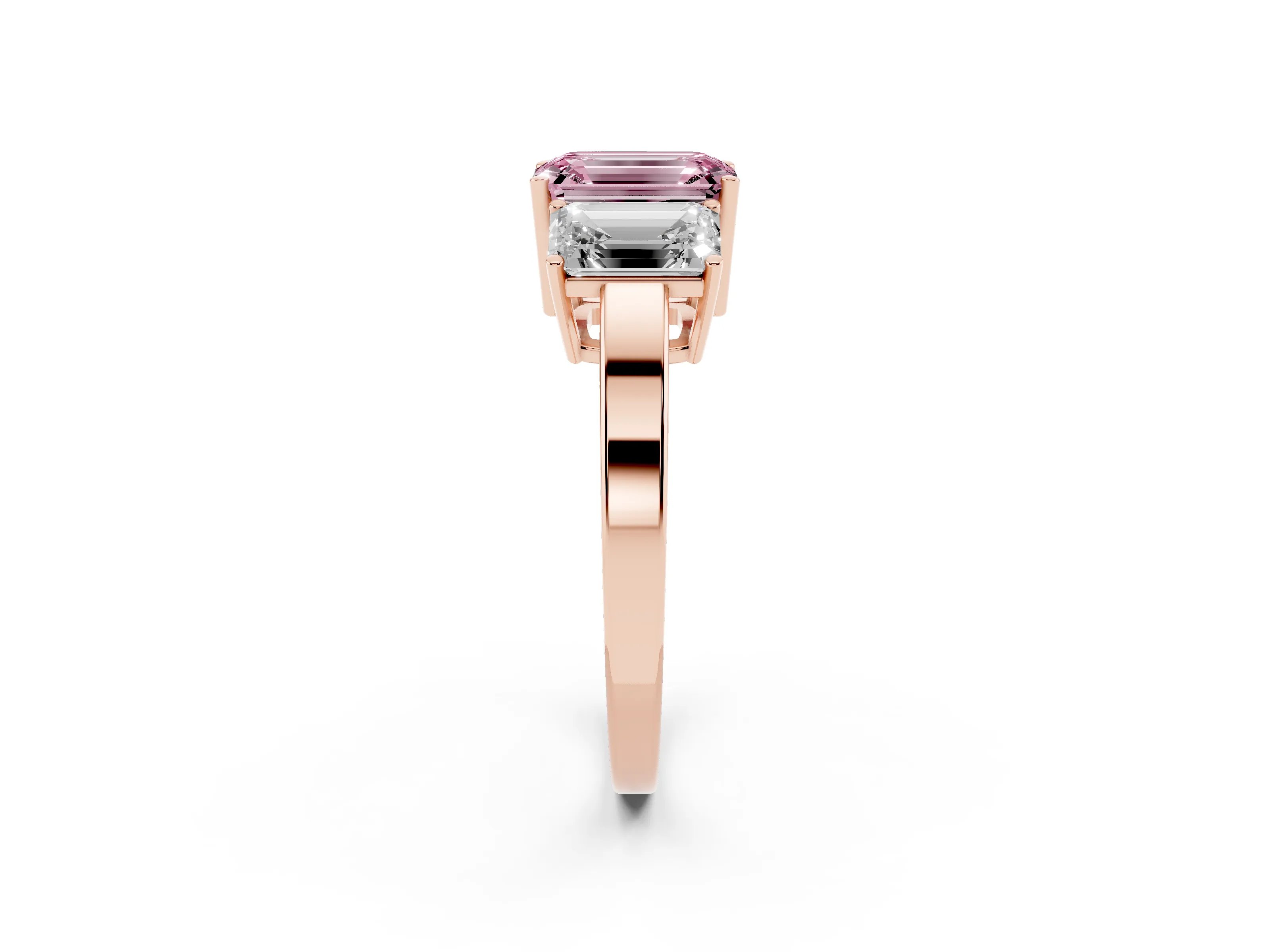 Fancy Pink Emerald Cut Diamond Three-Stone Engagement Ring Set in Rose gold with Flat Band