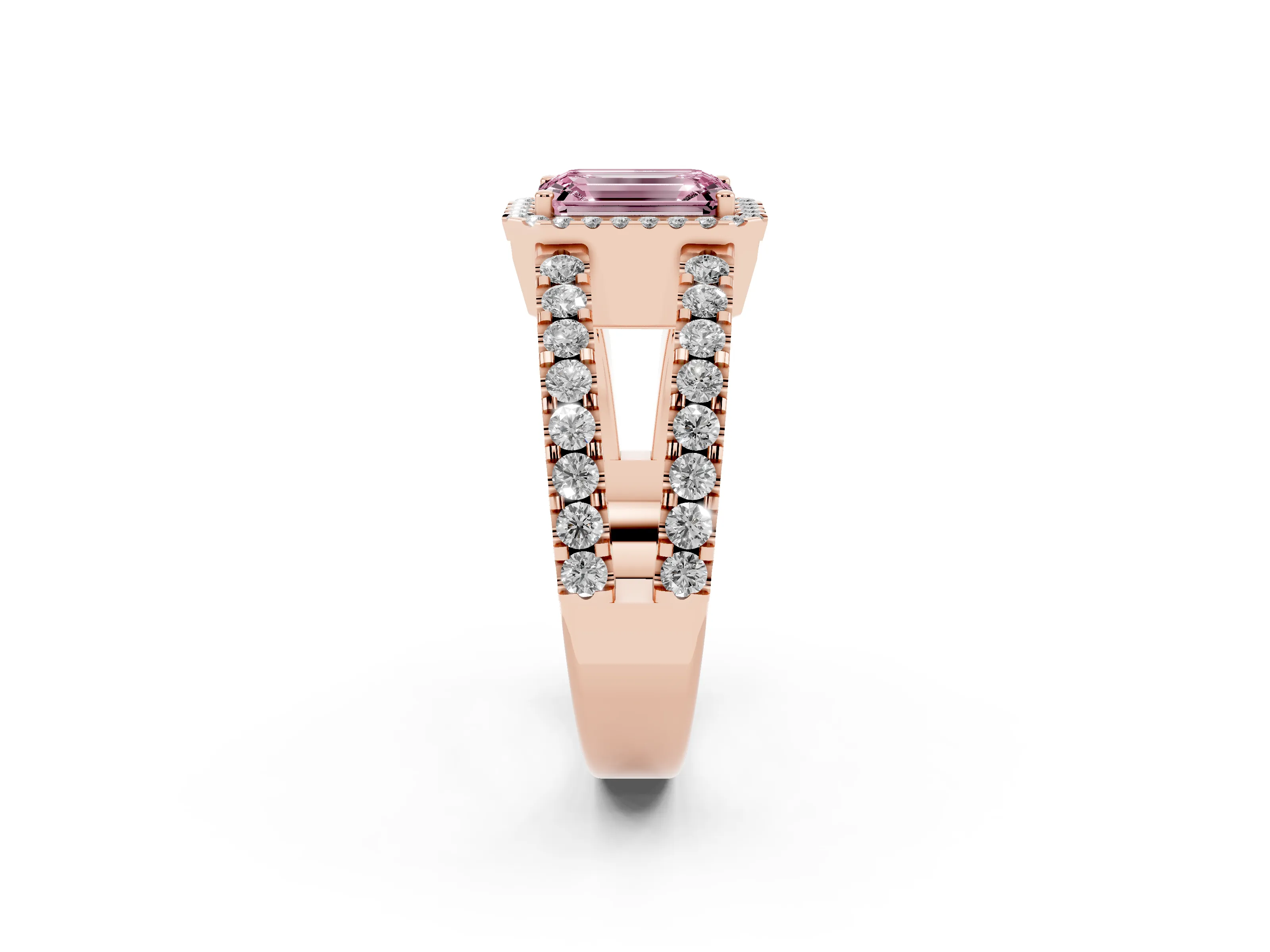 Fancy Pink Emerald Cut Diamond Halo Ring Set in Rose gold with Pavé Split Shank and Prong Setting