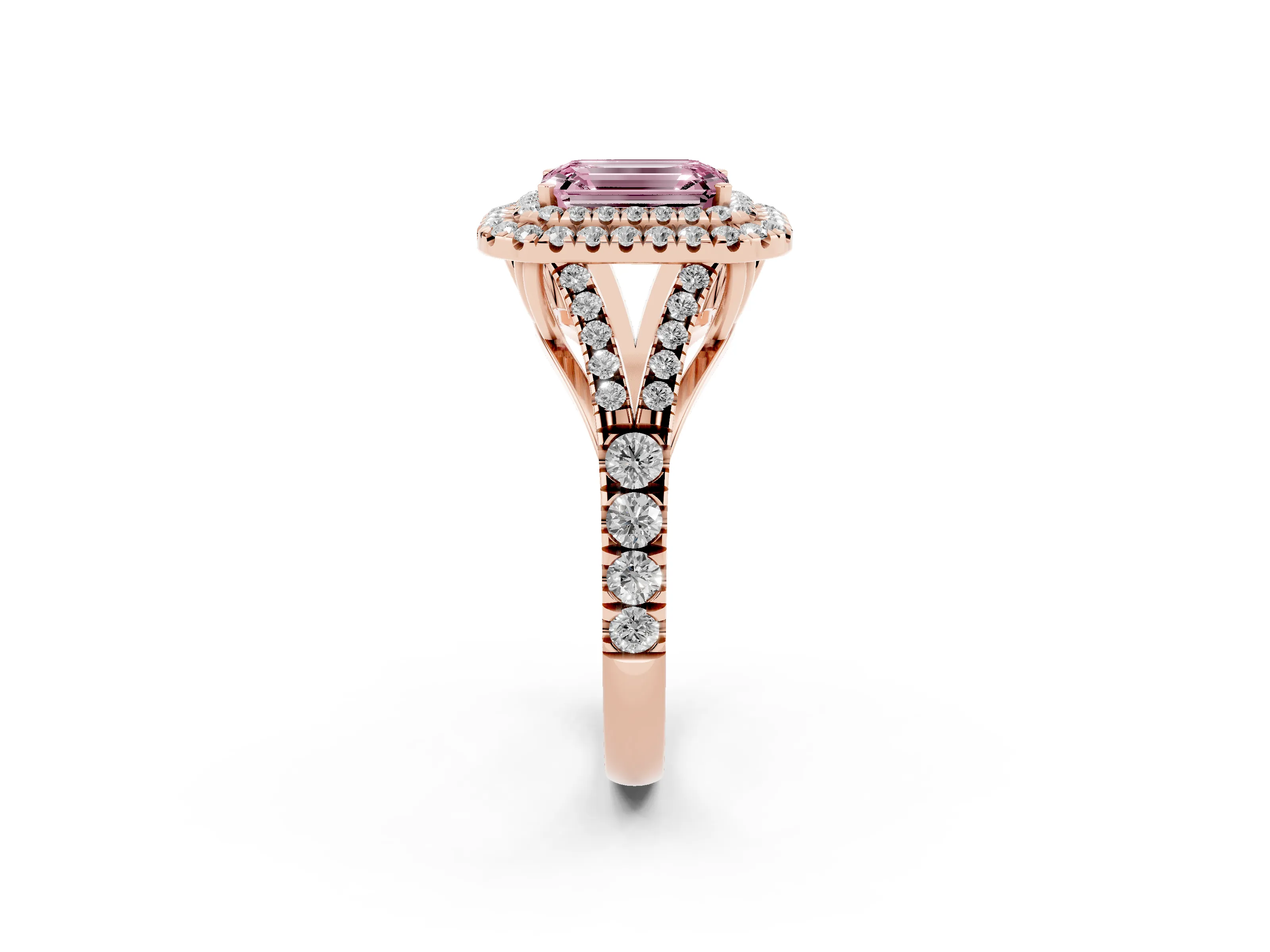 Fancy Pink Emerald Cut Diamond Pavé Split Shank Double Halo Engagement Ring Set in Rose gold