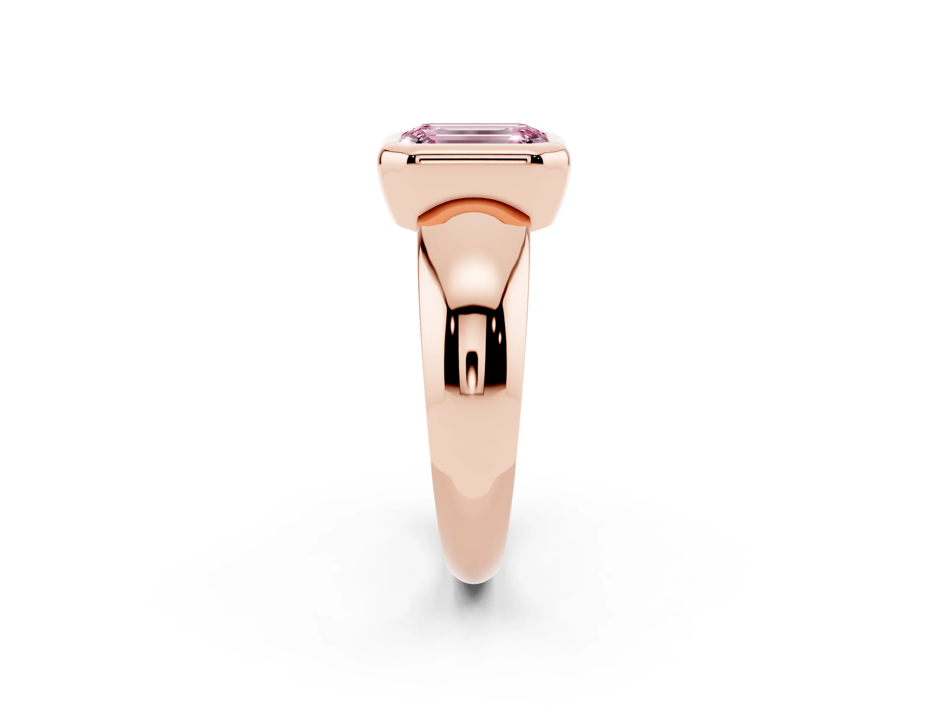 Fancy Pink Bezel Set Emerald Cut Diamond Solitaire Ring Set in Rose gold with Wide Band