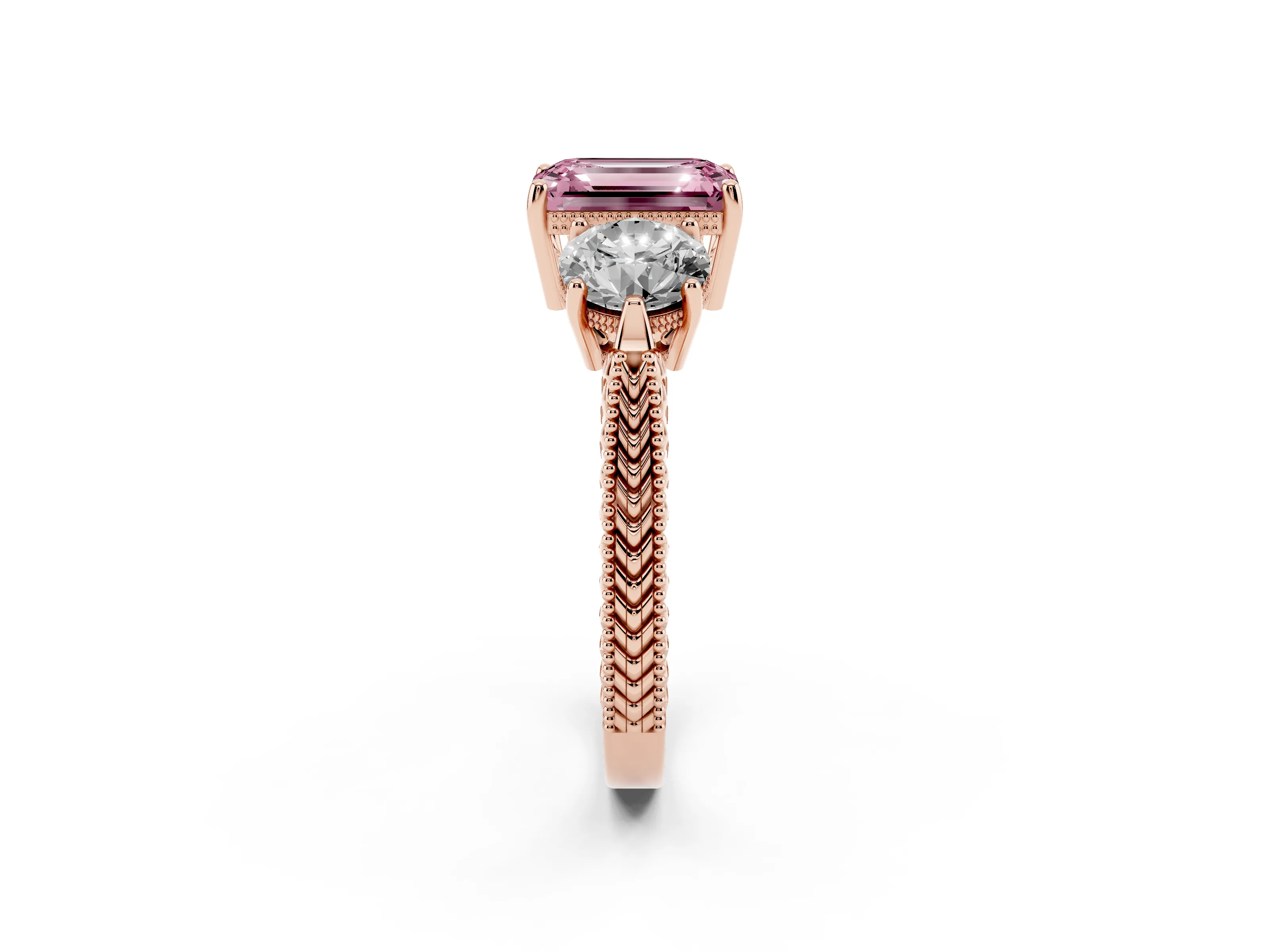 Fancy Pink Emerald Cut Diamond Three-Stone Ring Set in Rose gold with Milgrain Band
