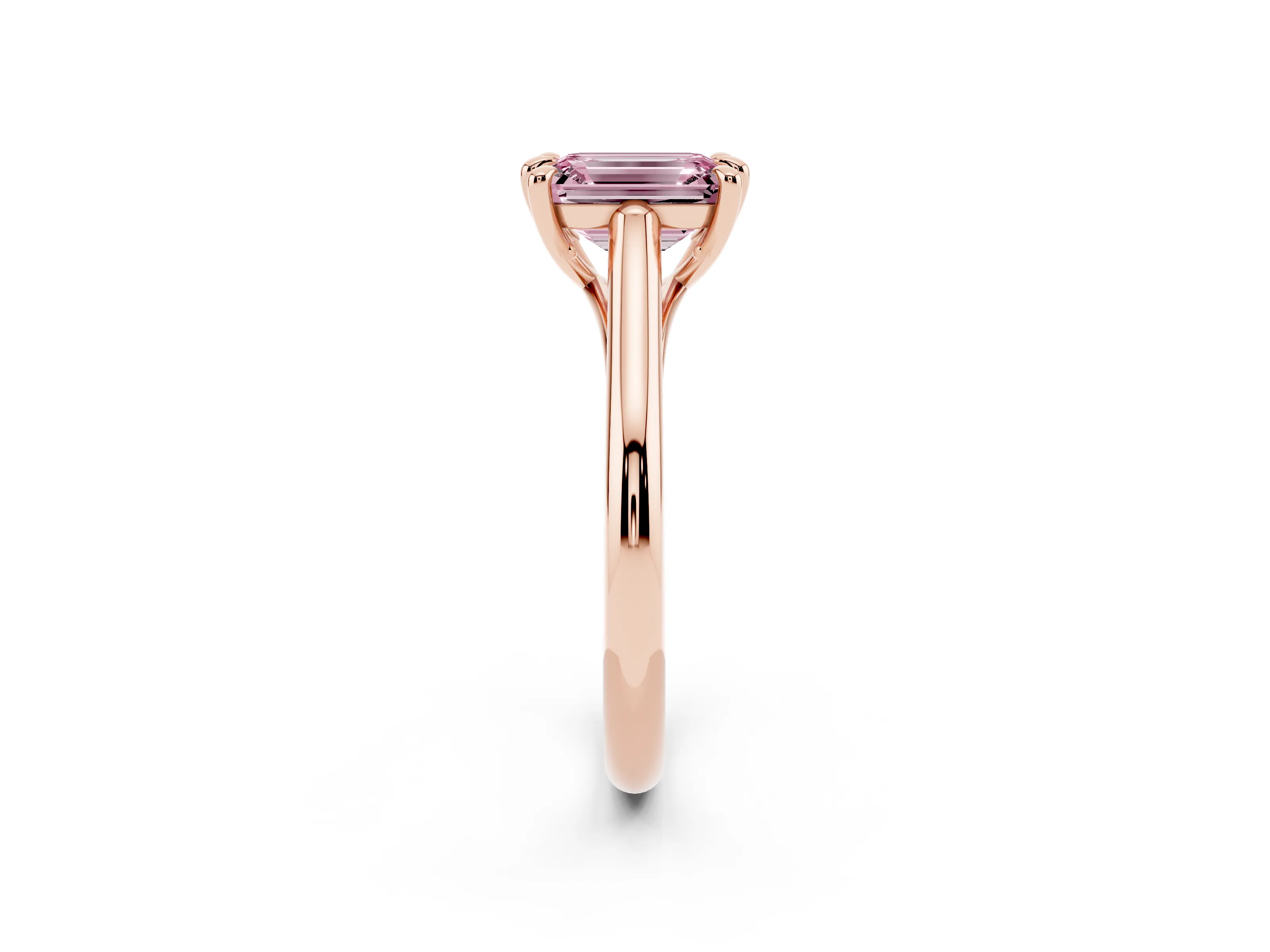 Fancy Pink Emerald Cut Diamond Solitaire Engagement Ring Set in Rose gold with Prong Setting and Plain Classic Band