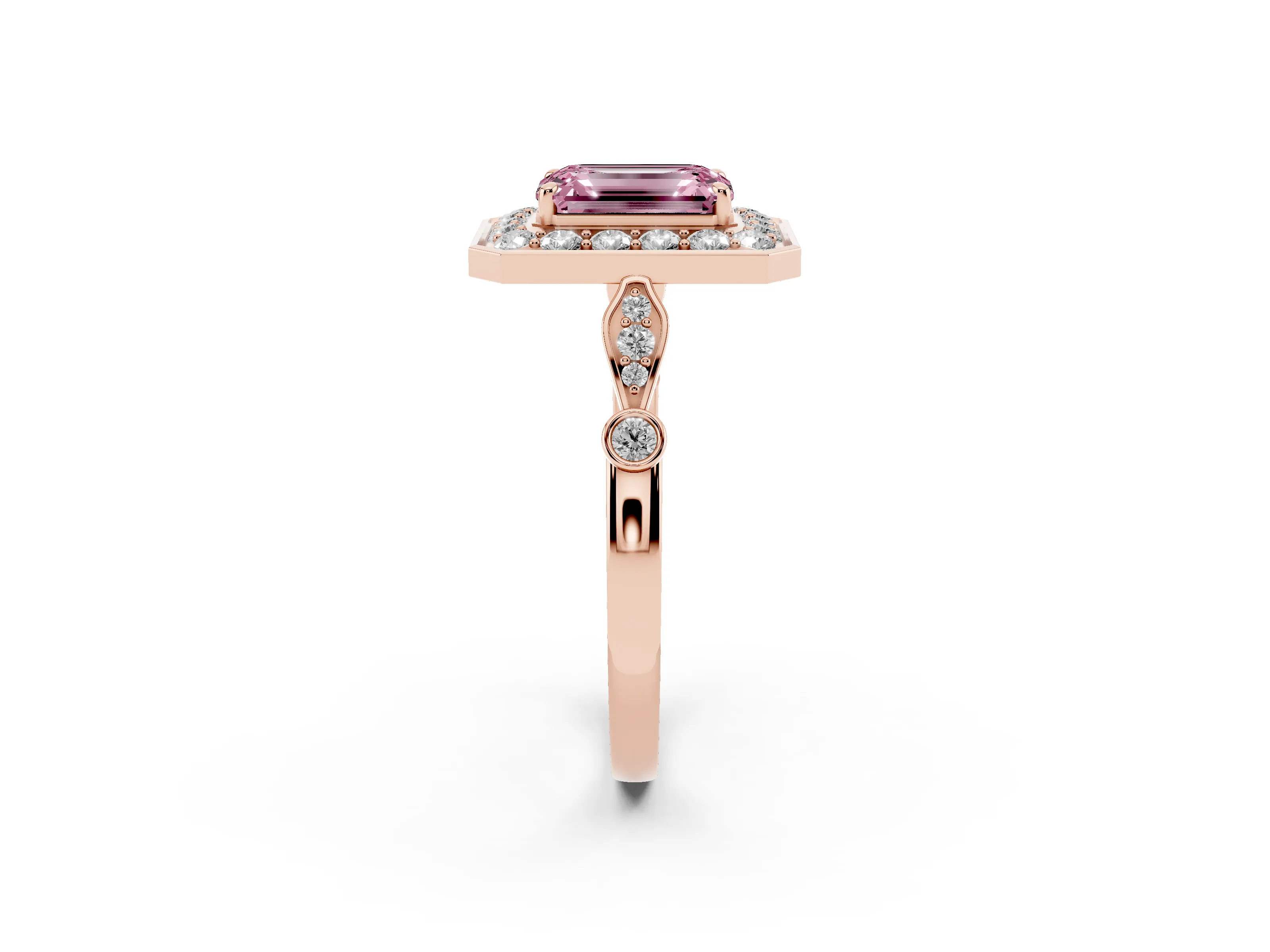Fancy Pink Emerald Cut Diamond Halo Engagement Ring Set in Rose gold with Twisted Band and Prong Setting