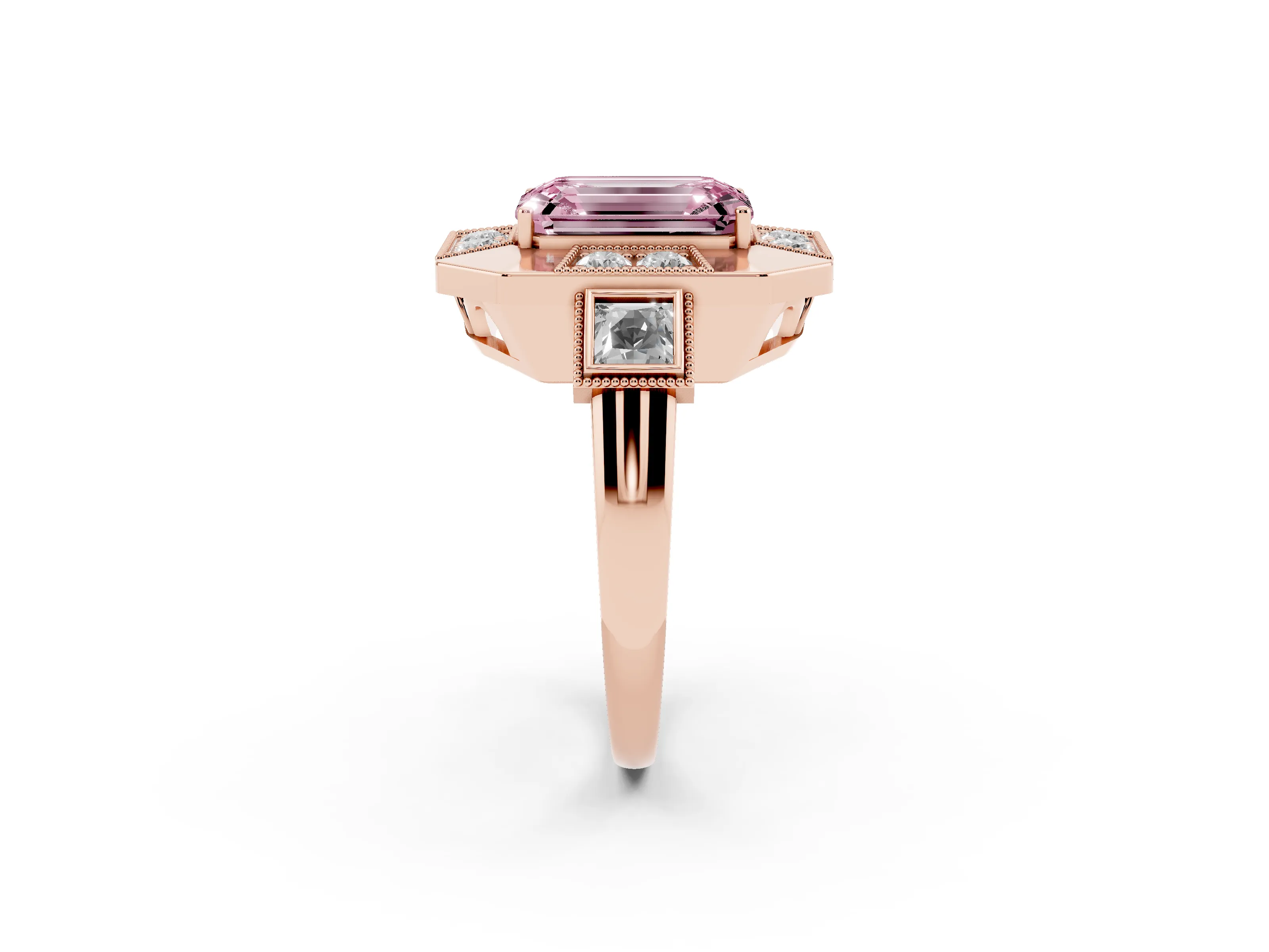 Fancy Pink Emerald Cut Diamond Milgrain Halo Ring Set in Rose gold with Split Shank