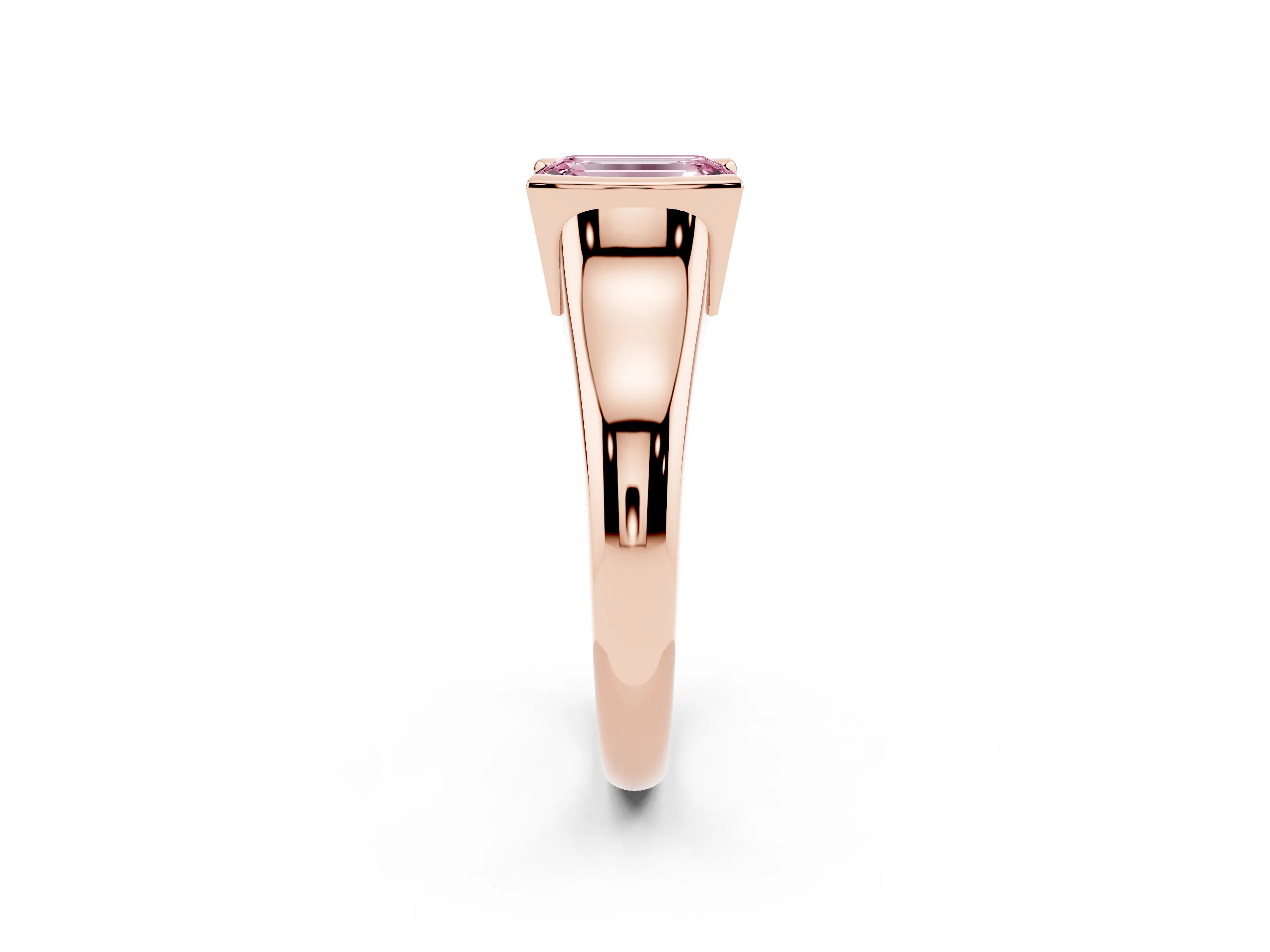Fancy Pink Emerald Cut Diamond Solitaire Tension Set Ring Set in Rose gold with Split Shank Band