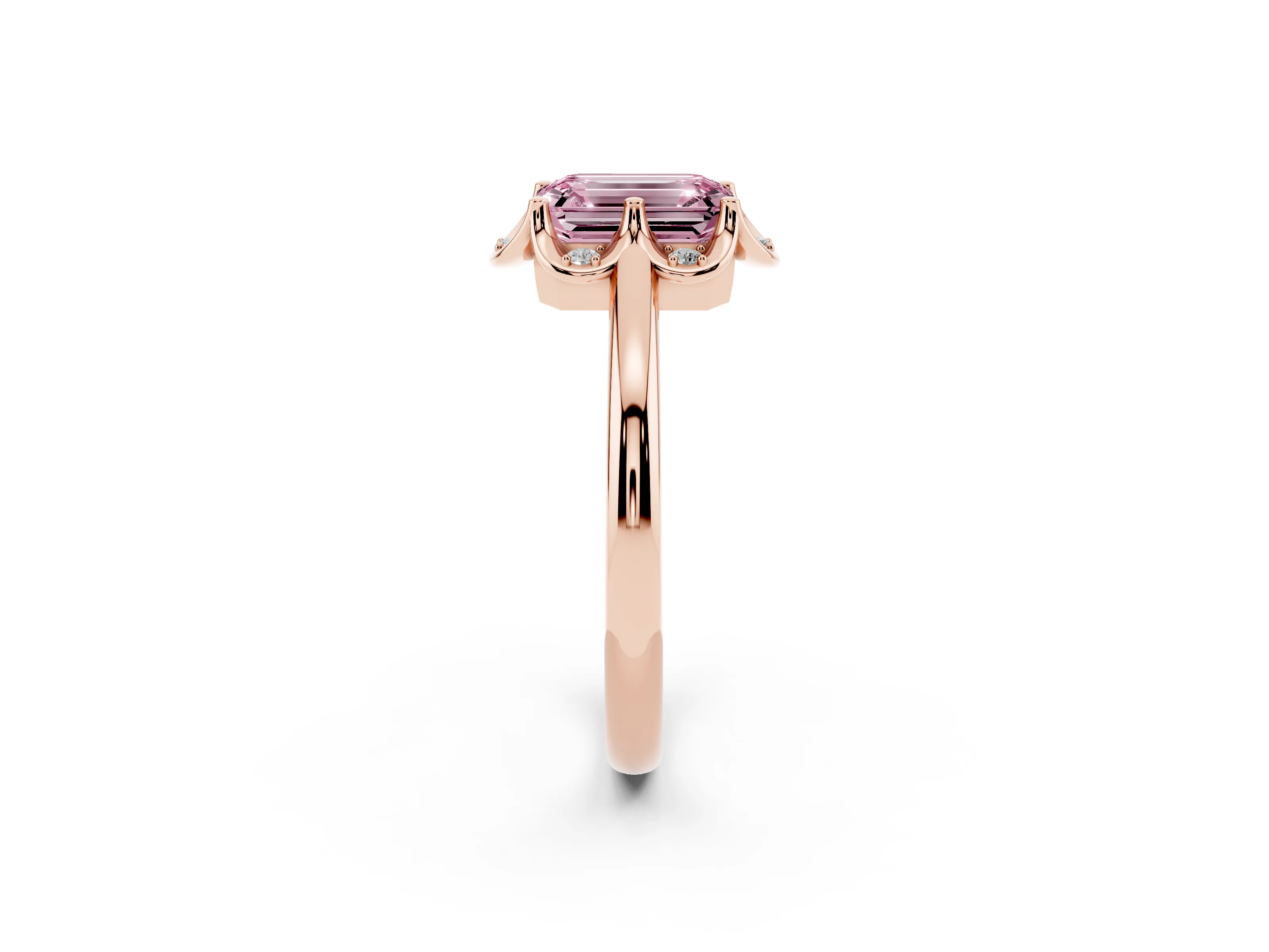 Fancy Pink Emerald Cut Diamond Round Cluster Halo Ring Set in Rose gold with Solitaire Band and Prong Setting