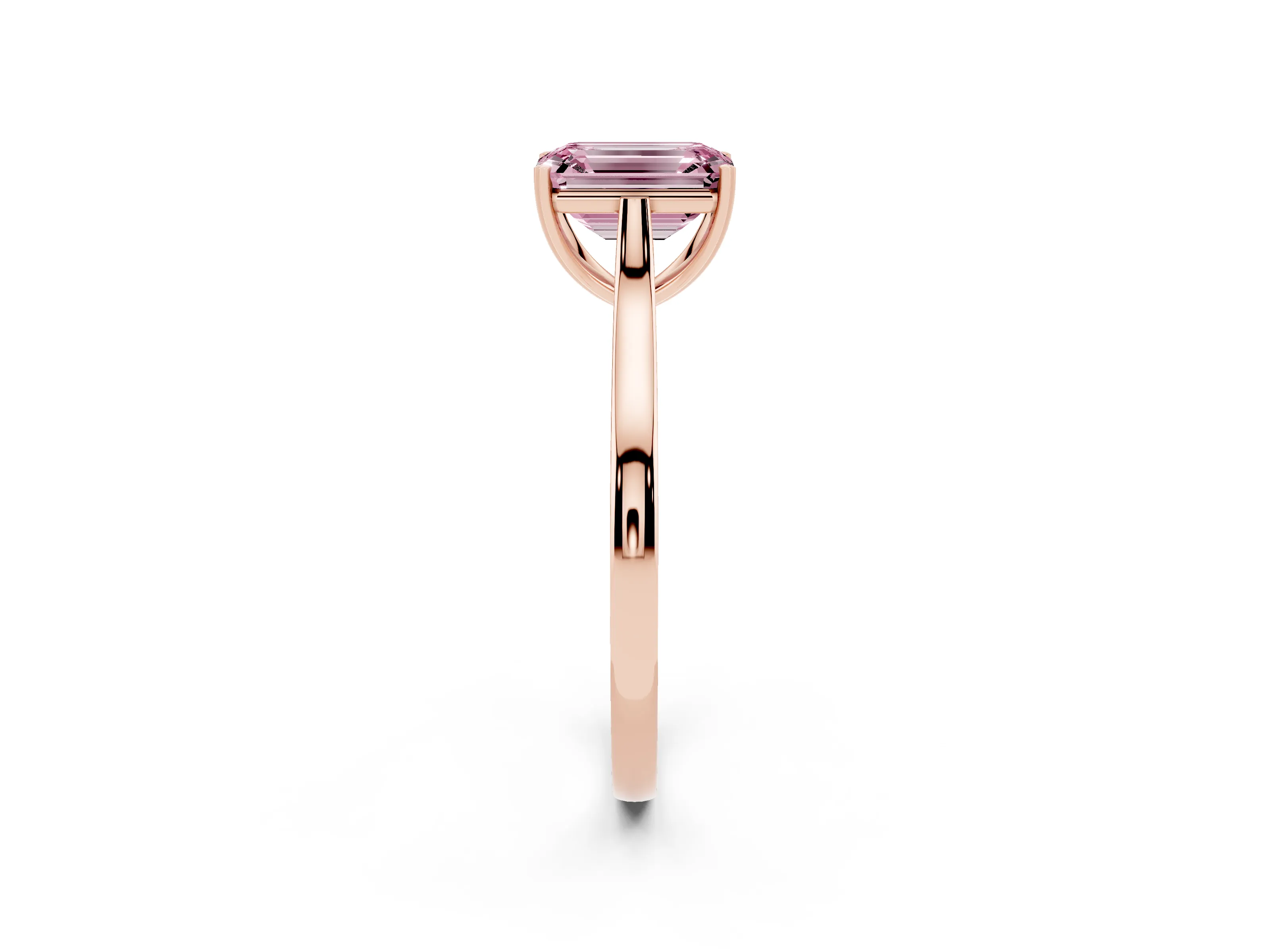Fancy Pink Emerald Cut Diamond Solitaire Heart Prong Engagement Ring Set in Rose gold with Tapered Band