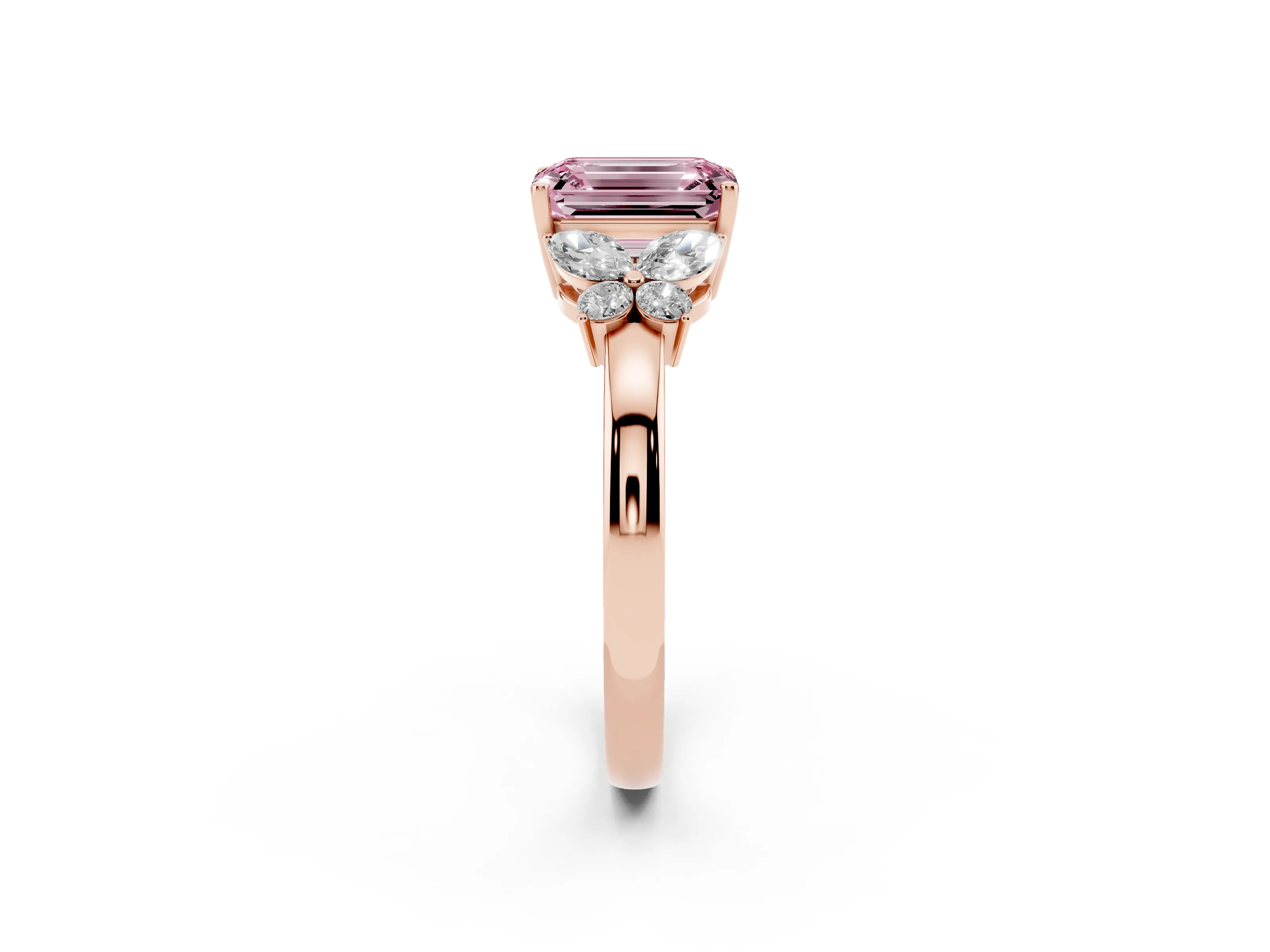 Fancy Pink Emerald Cut Diamond Solitaire Floral Ring Set in Rose gold with Marquise Petals and Prong Setting