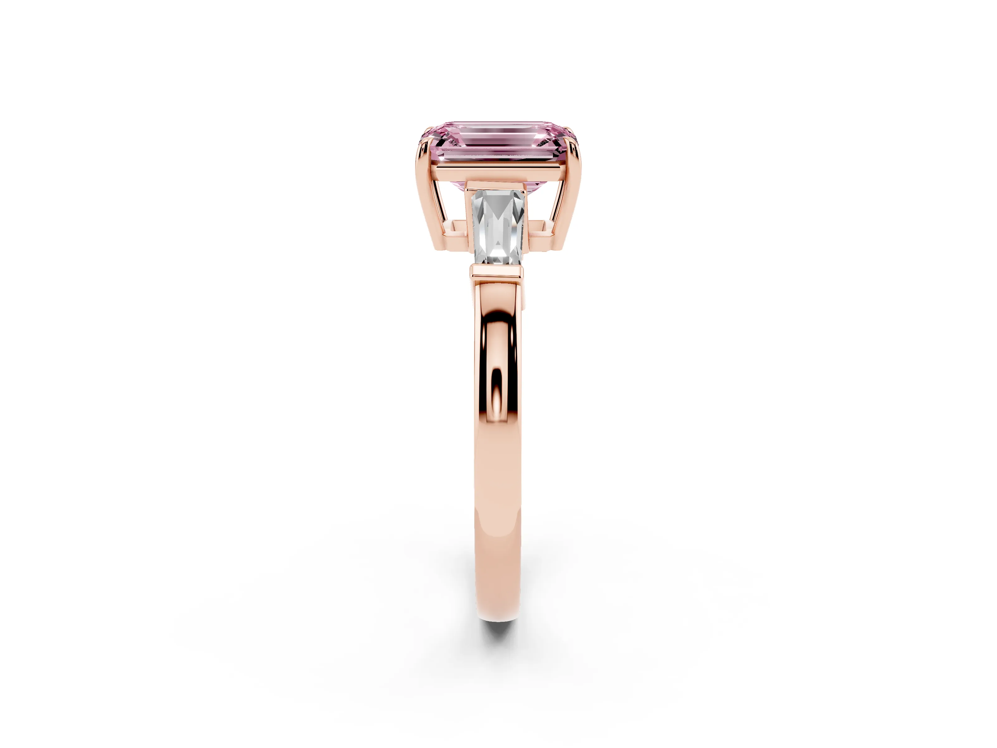 Fancy Pink Emerald Cut Diamond Three-Stone Ring Set in Rose gold with Tapered Baguette Side Stones and Prong Setting