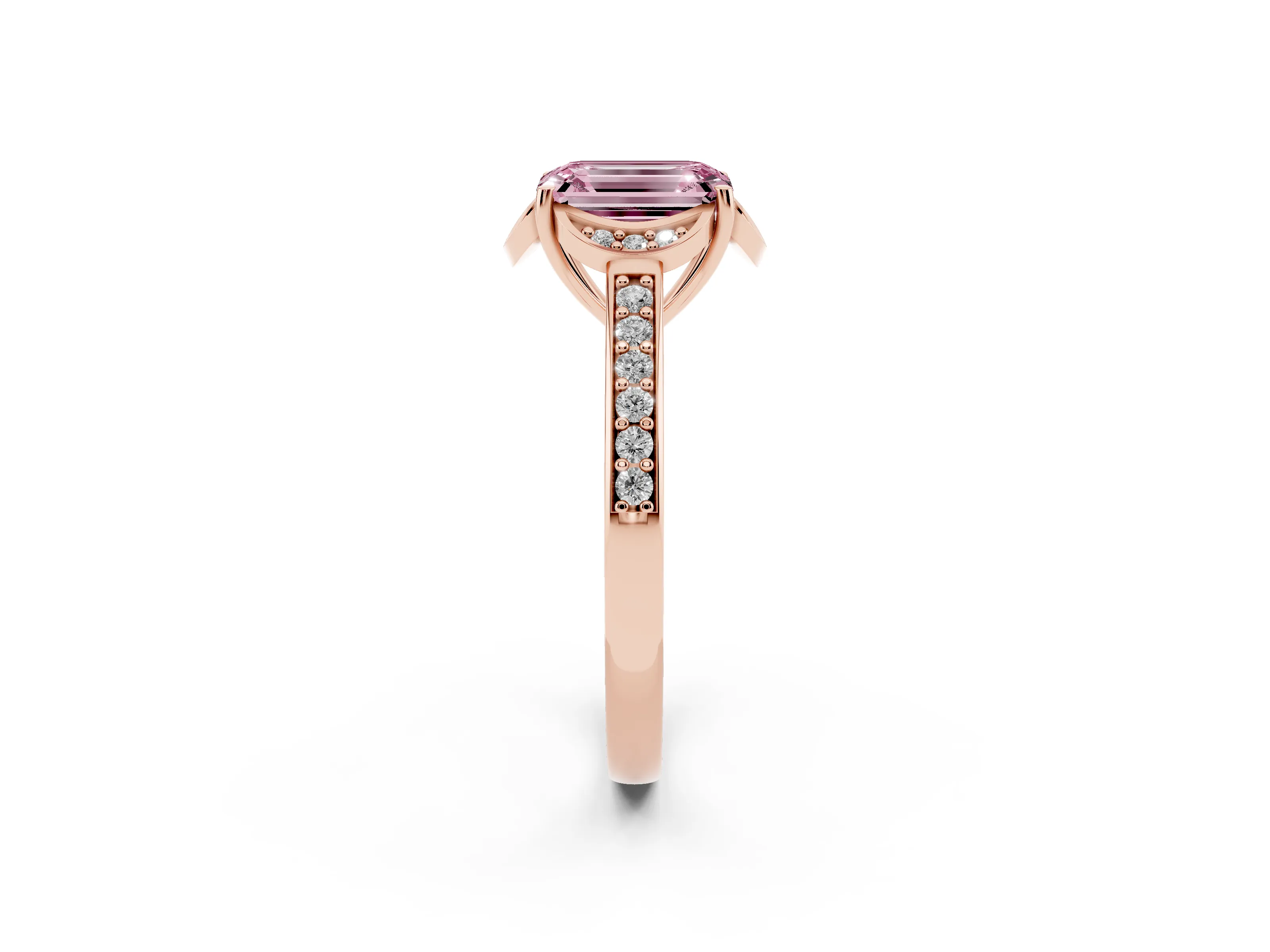 Fancy Pink Emerald Cut Diamond Halo Ring Set in Rose gold with Channel Set Band and Prong Setting