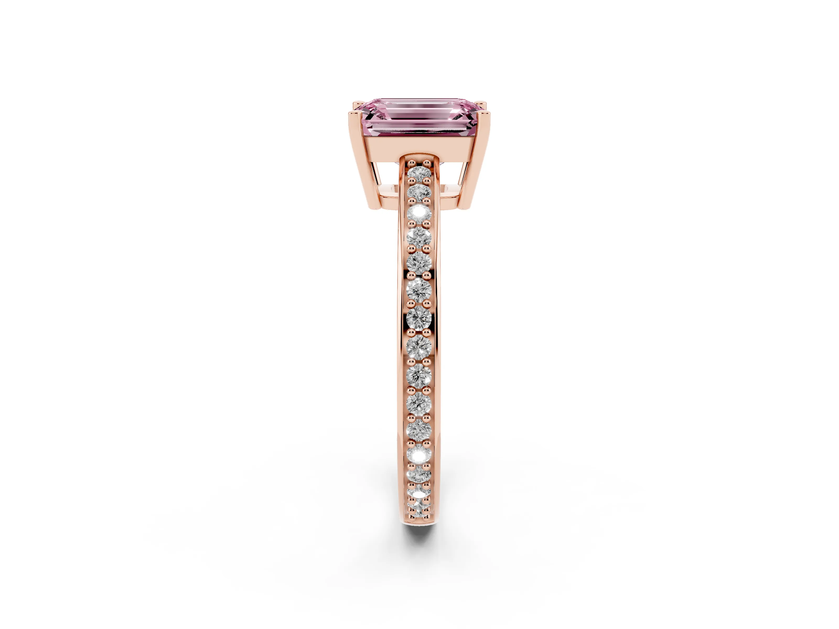 Fancy Pink Emerald Cut Diamond Pavé Band Prong Set Solitaire Ring Set in Rose gold