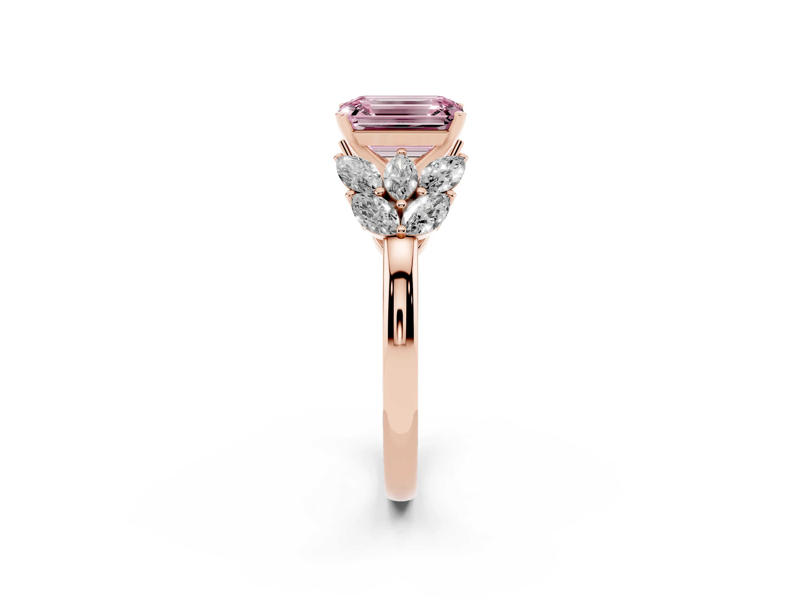 Fancy Pink Emerald Cut Diamond Cluster Leaf Design Ring Set in Rose gold with Prong Setting