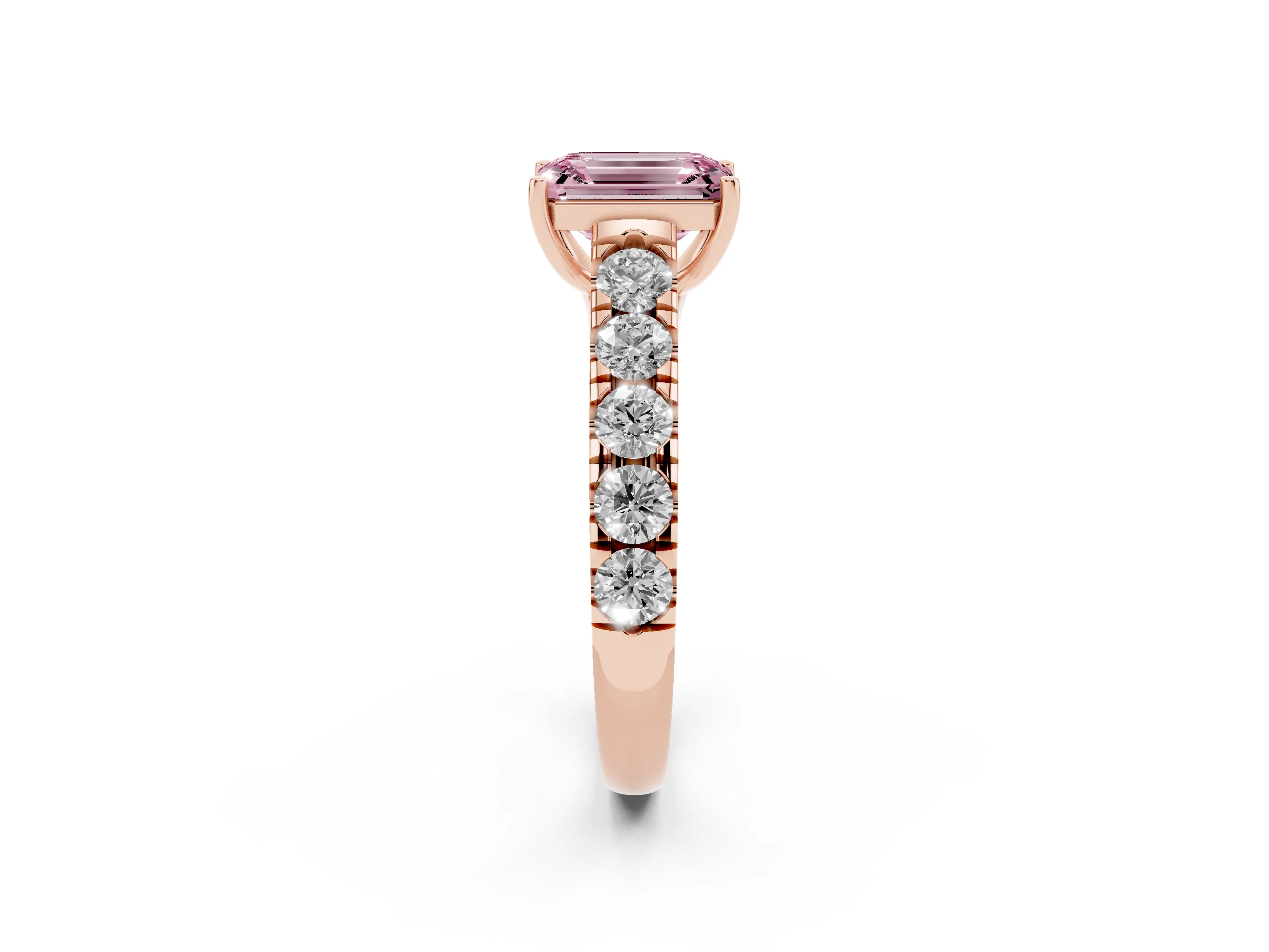 Fancy Pink Emerald Cut Diamond Solitaire Ring Set in Rose gold with Cut-Down Micro Pavé Band and Prong Setting