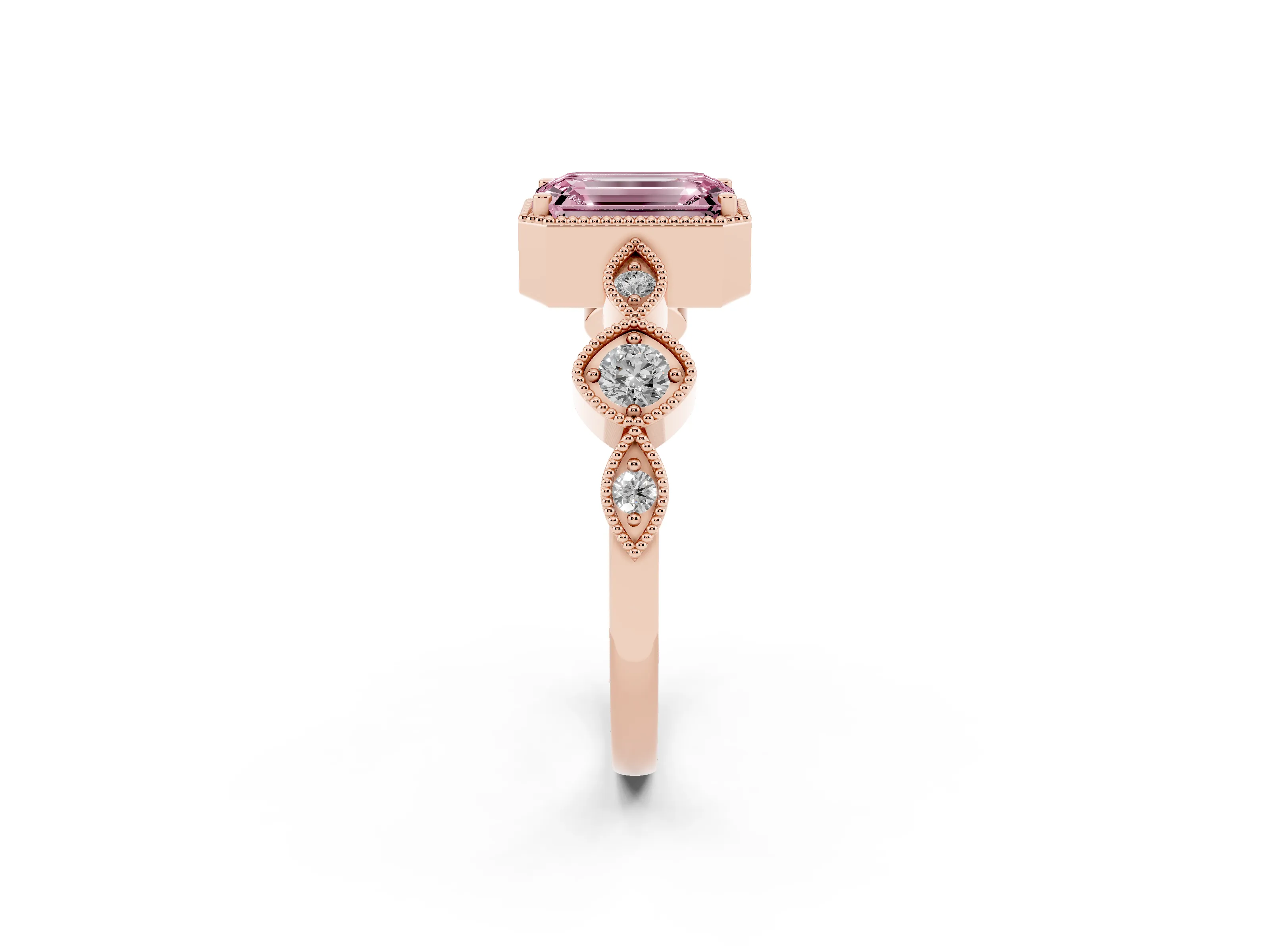 Fancy Pink Emerald Cut Diamond Vintage-Inspired Milgrain Ring Set in Rose gold with Marquise Stations of Round Accents