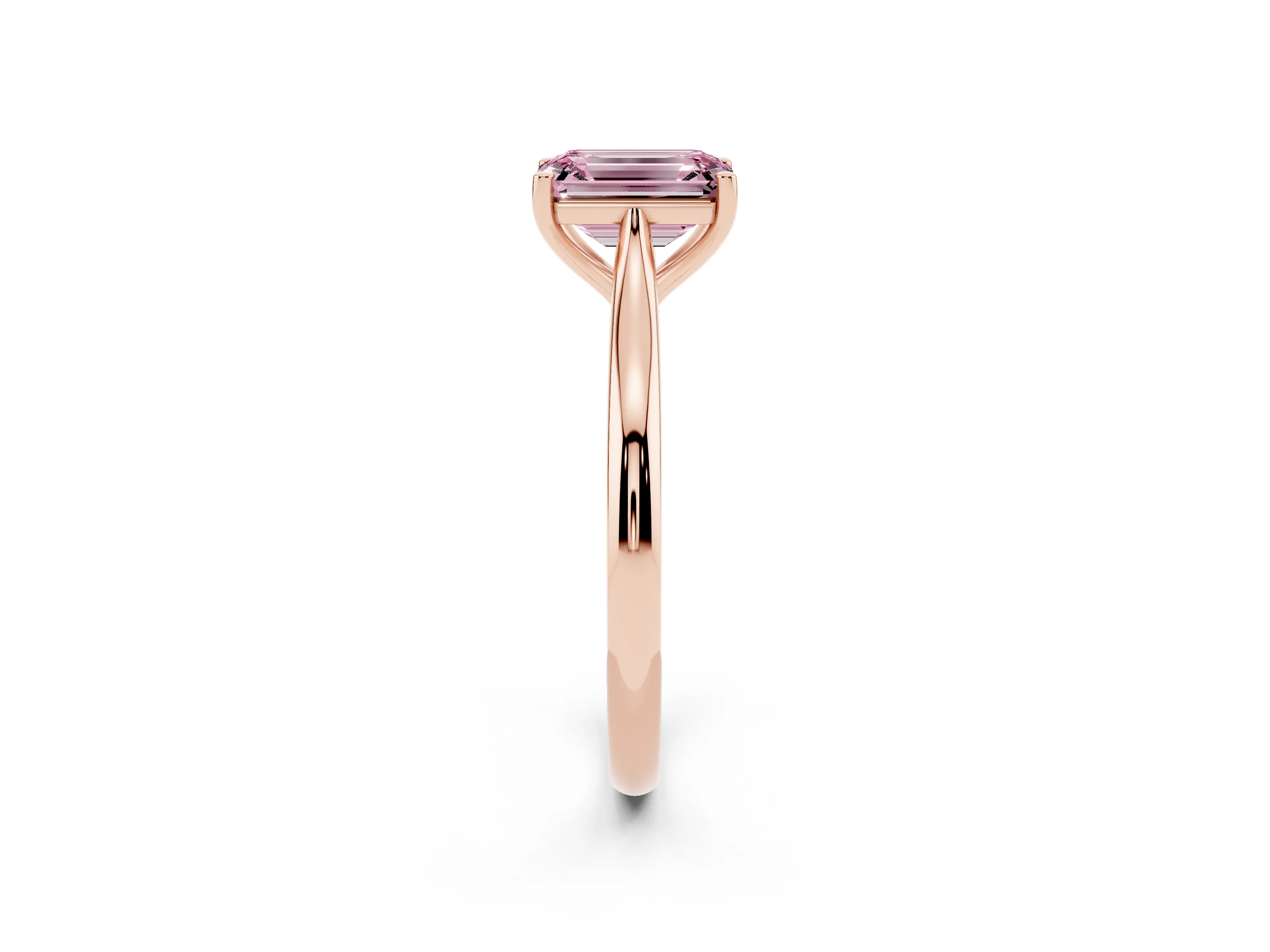 Fancy Pink Emerald Cut Diamond Solitaire Ring Set in Rose gold with Cathedral Band and Prong Setting
