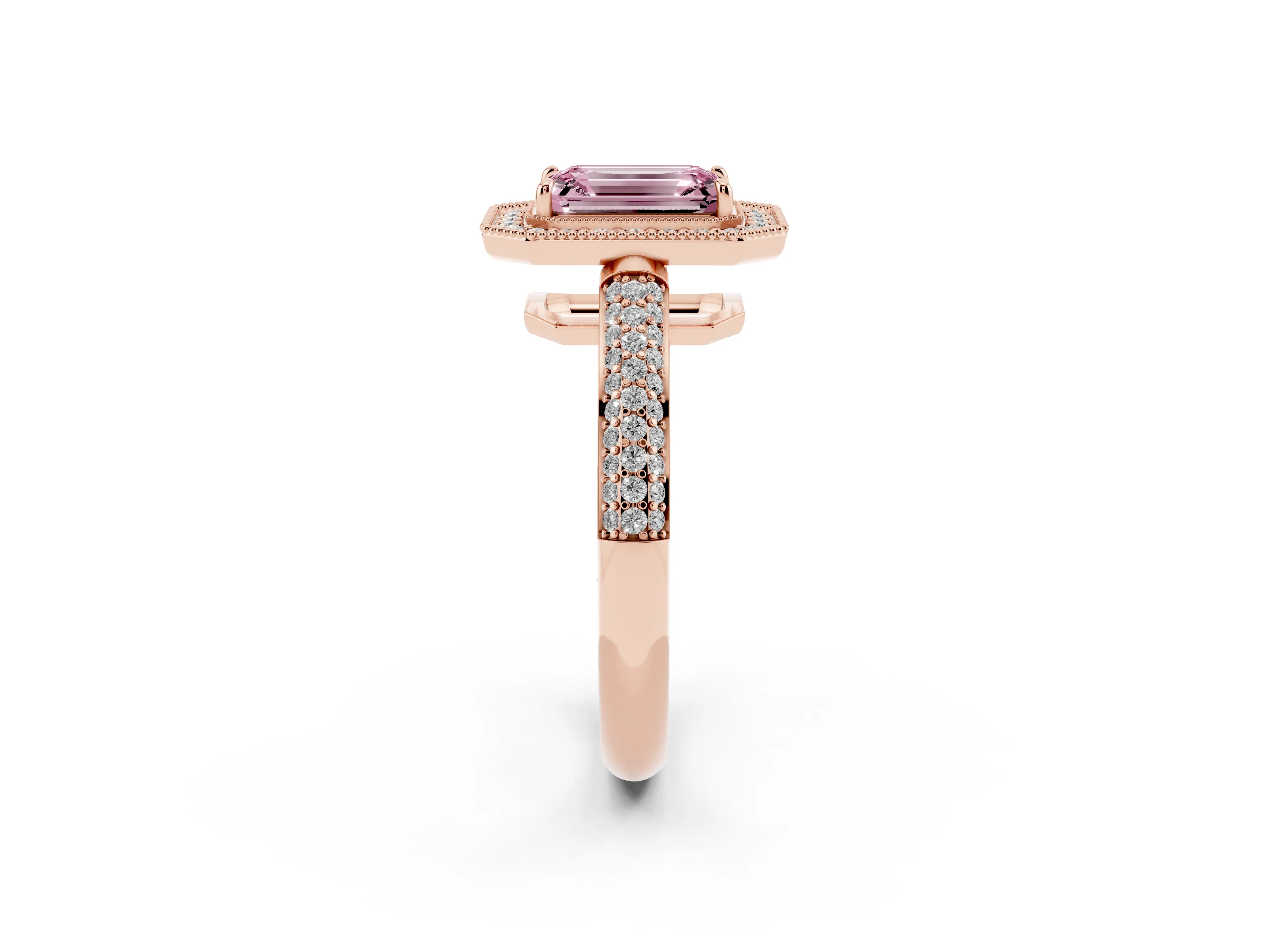 Fancy Pink Emerald Cut Diamond Halo Pavé Band Set in Rose gold with Prong Setting