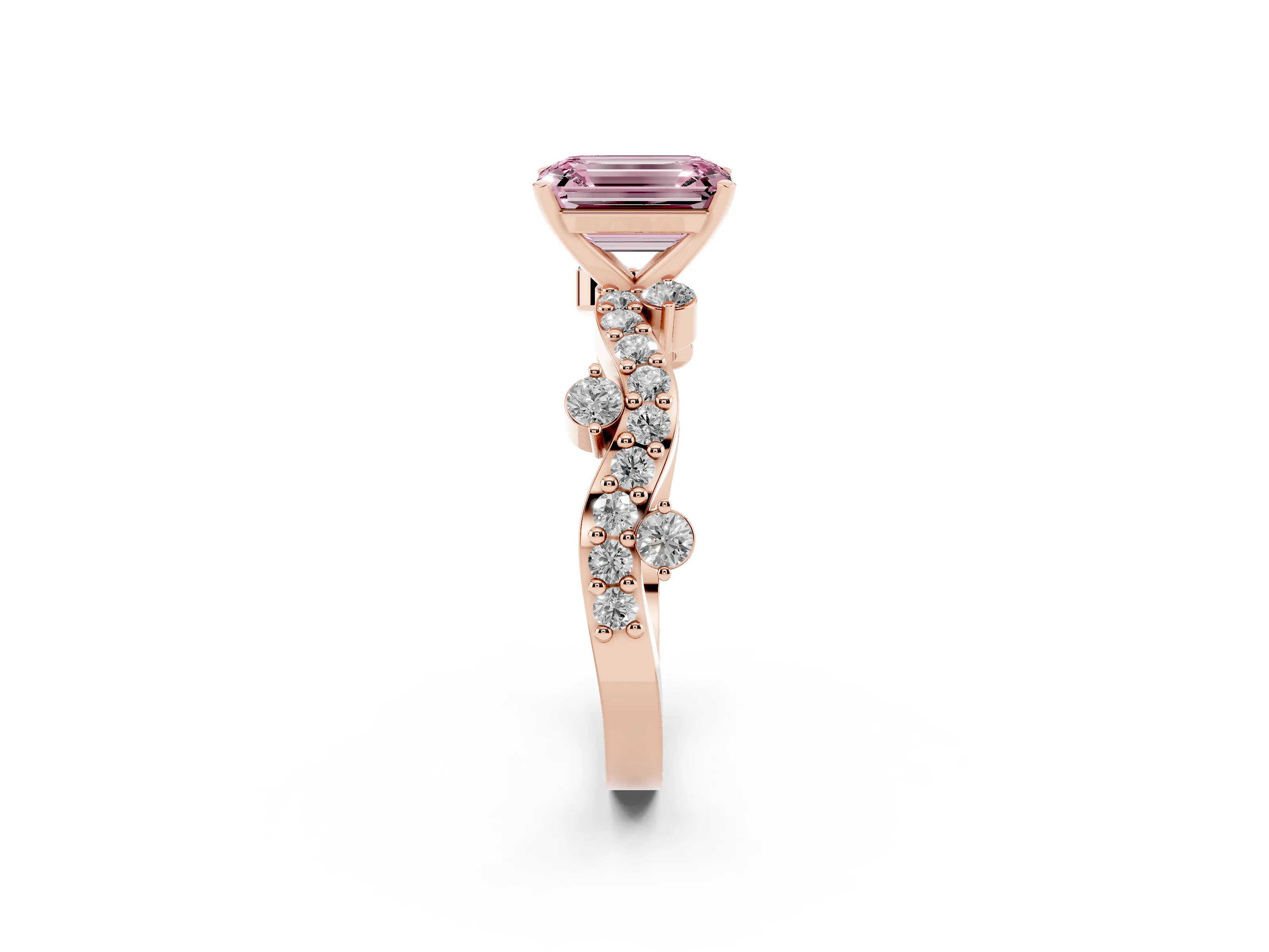 Fancy Pink Emerald Cut Diamond Solitaire Twisted Band Set in Rose gold with Pavé Setting