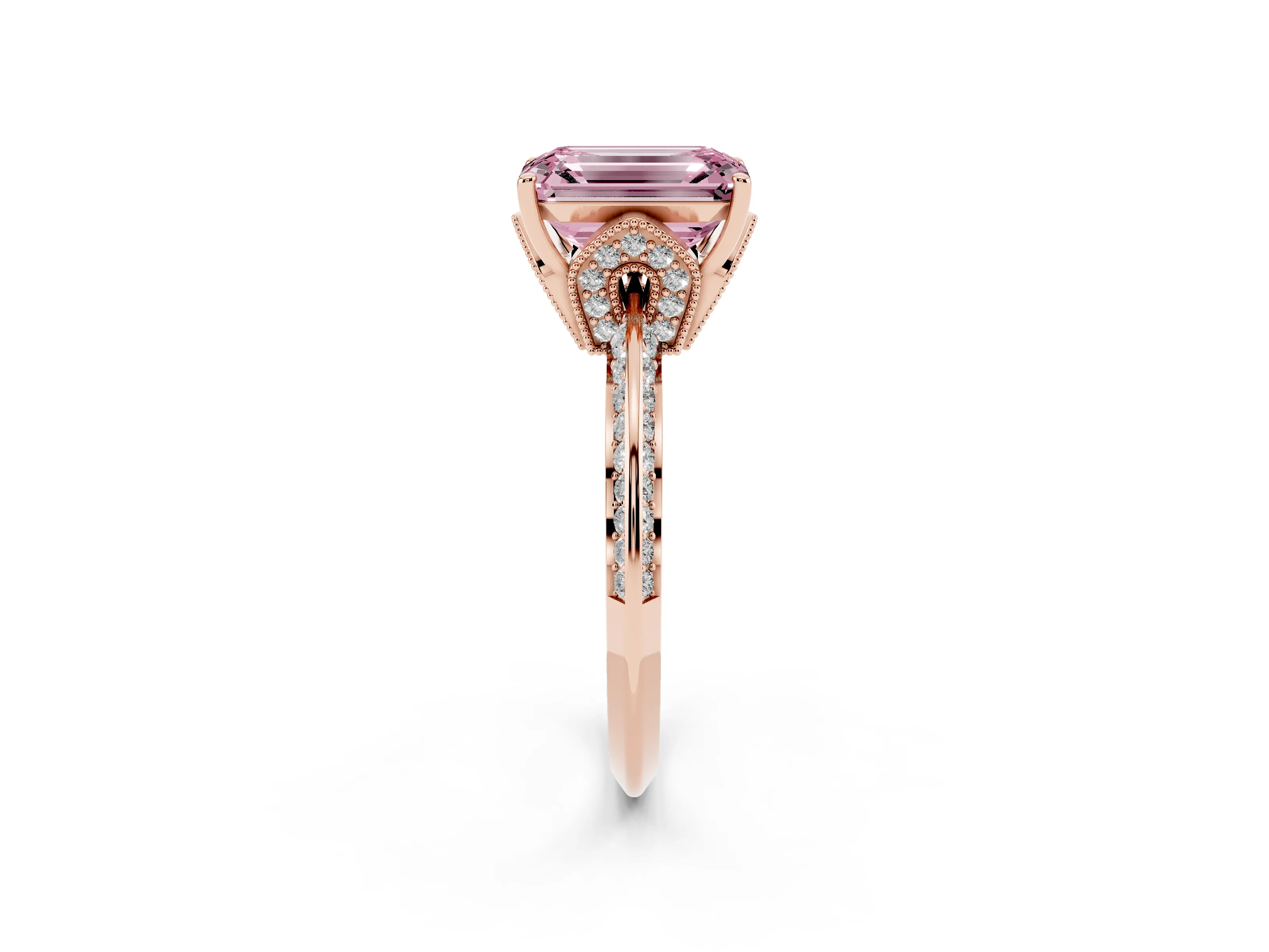 Fancy Pink Emerald Cut Diamond Solitaire Engagement Ring Set in Rose gold with Pavé Split Shank and Prong Setting