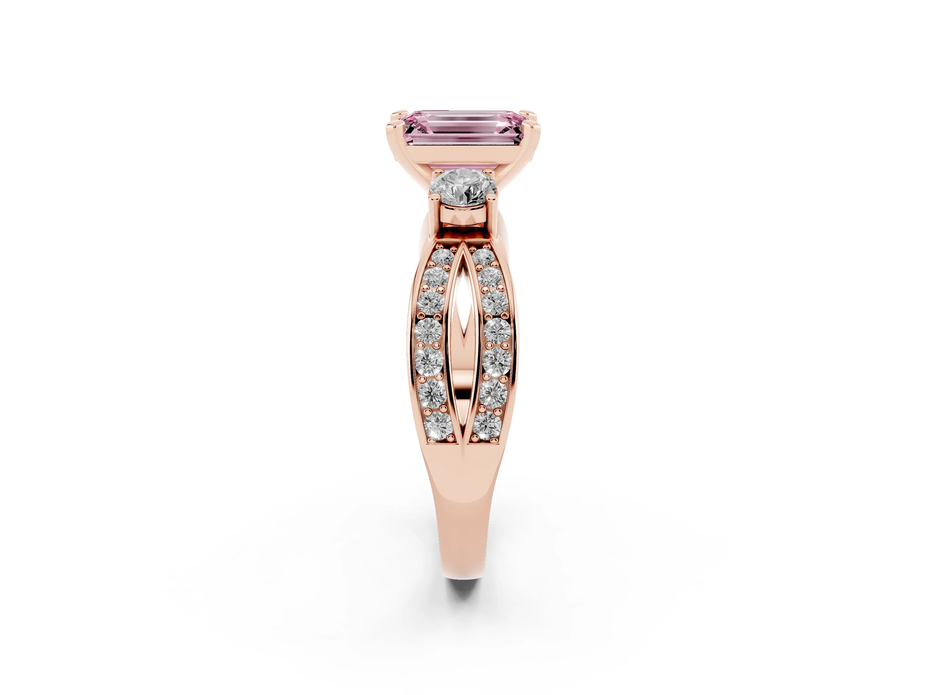 Fancy Pink Three-Stone Emerald Cut Diamond Twist Band Ring Set in Rose gold with Pavé Accents and Prong Setting