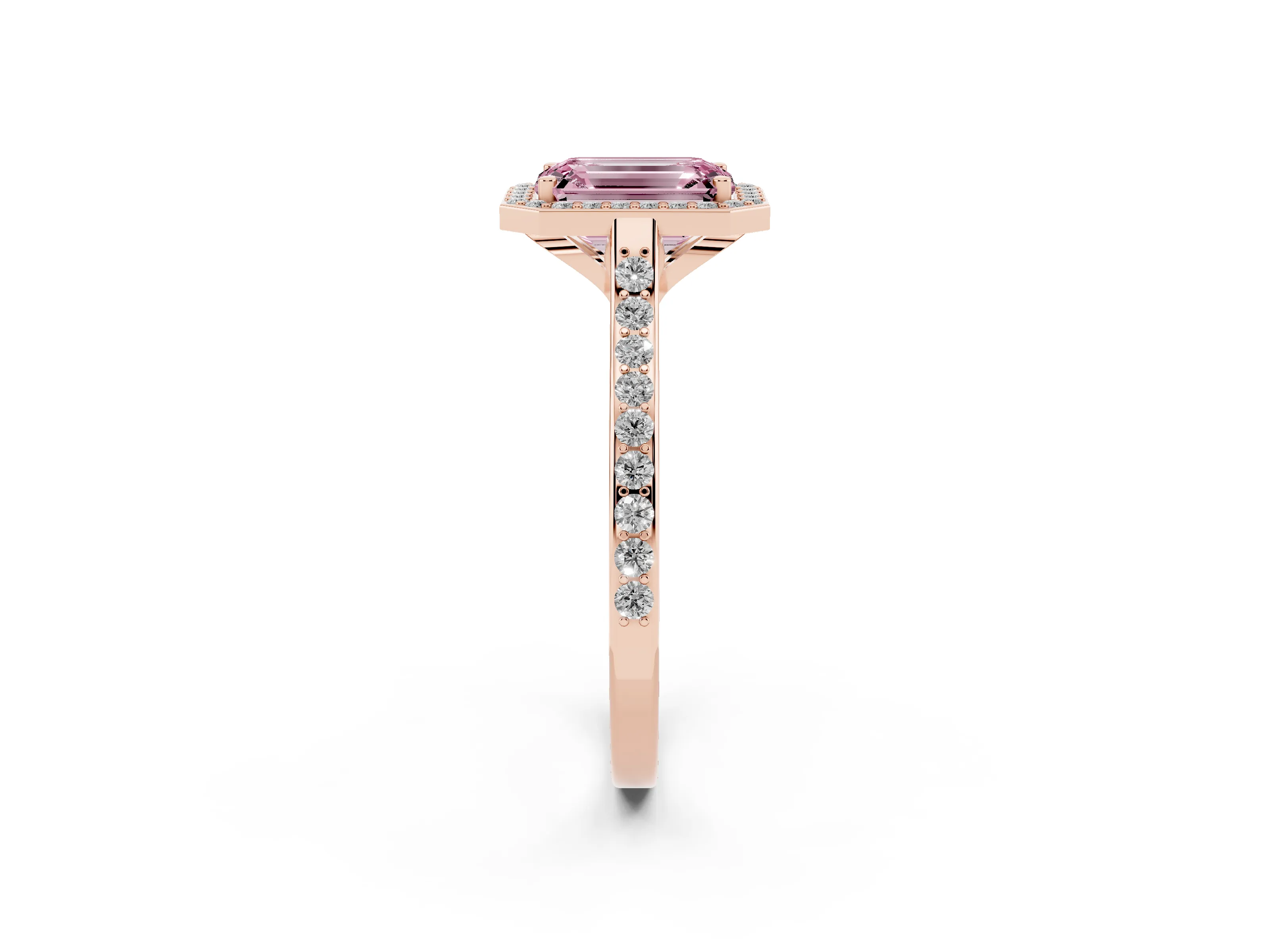Fancy Pink Emerald Cut Diamond Halo Engagement Ring Set in Rose gold with Round Pavé Shoulders and Heart Gallery