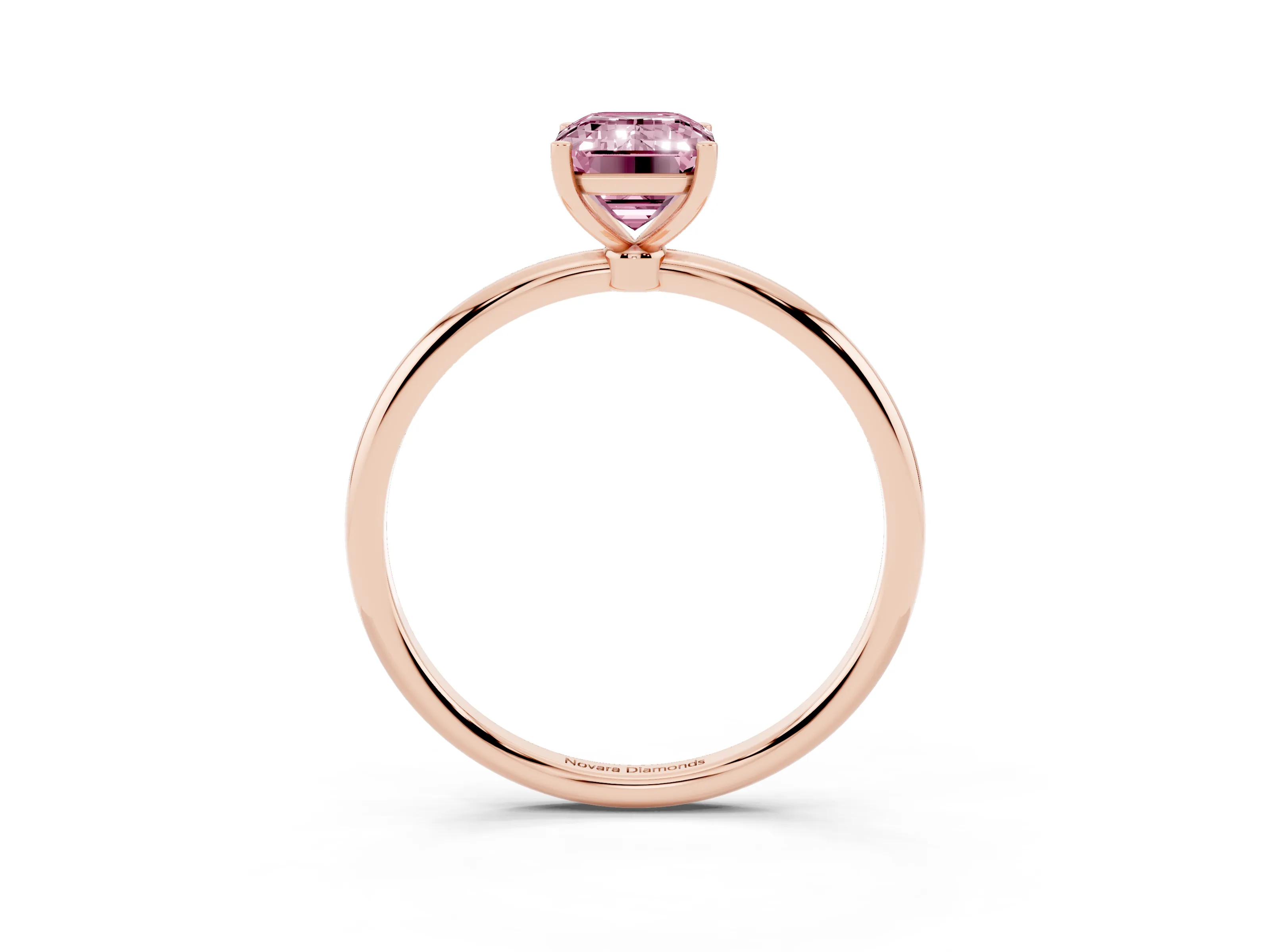 Fancy Pink Emerald Cut Diamond Solitaire Engagement Ring Set in Rose gold with Thin Band and Prong Setting
