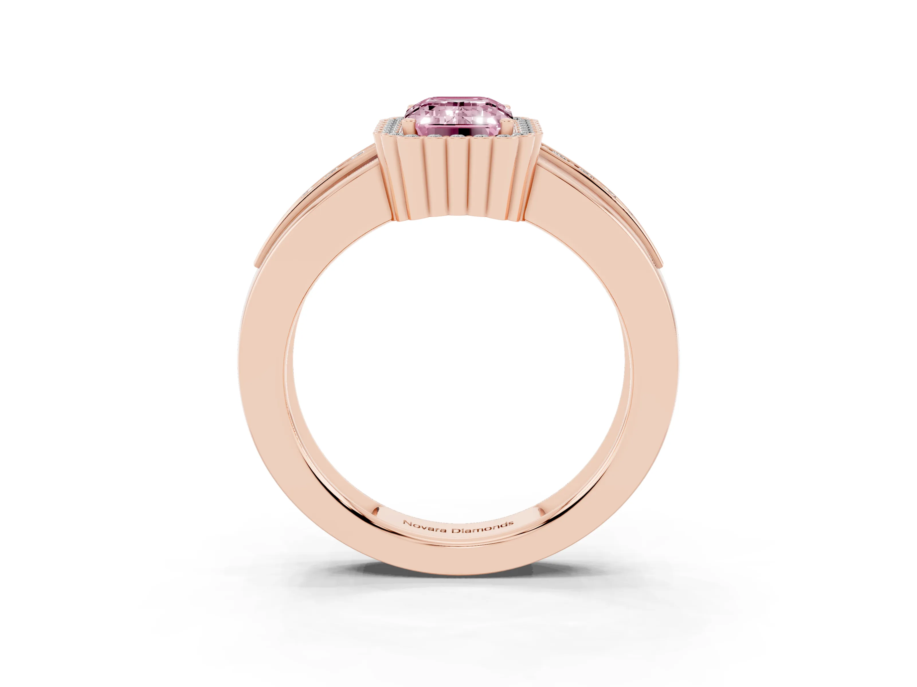Fancy Pink Emerald Cut Diamond Halo Prong Ring Set in Rose gold with Pavé Band