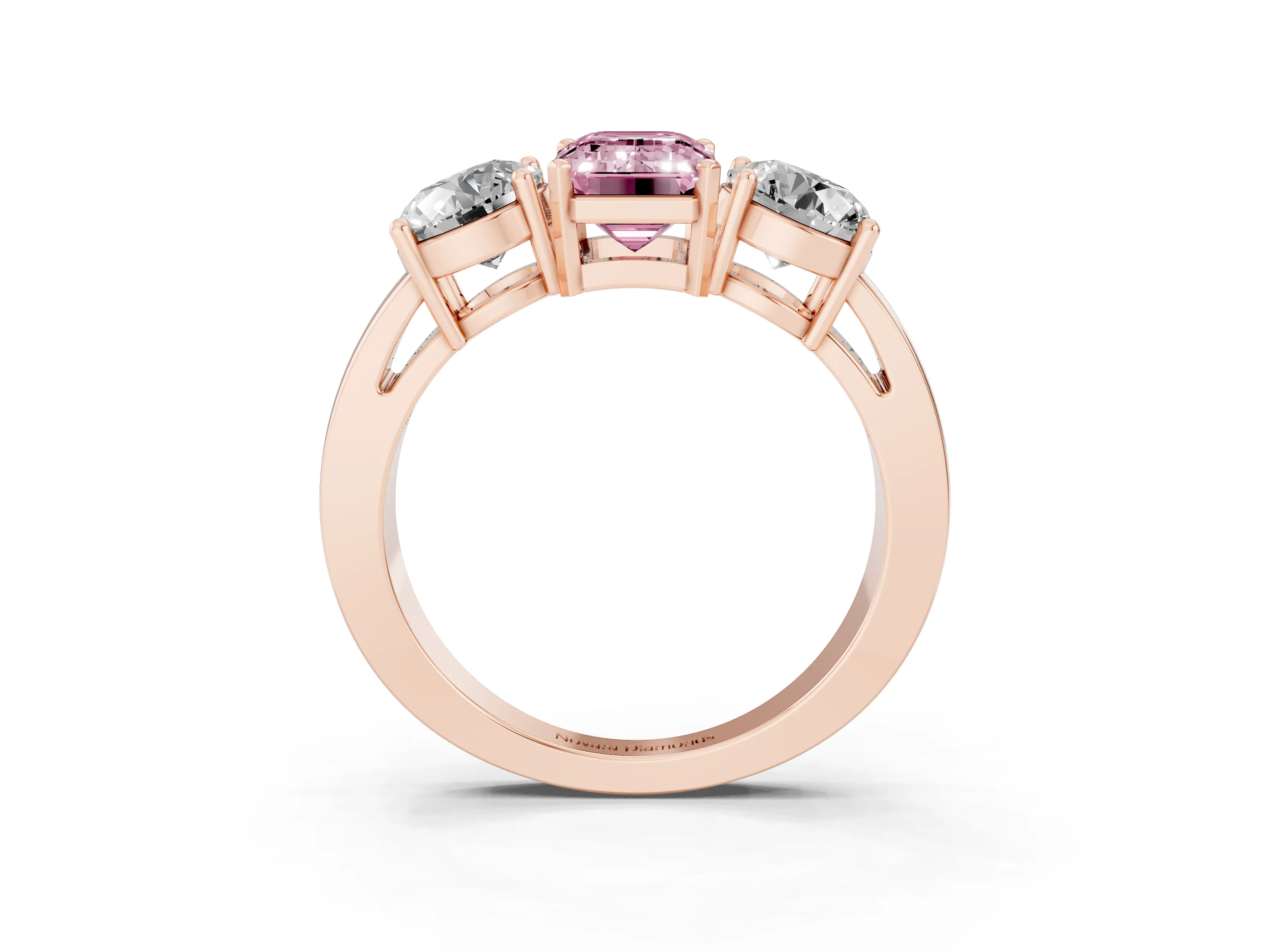 Fancy Pink Emerald Cut Diamond Three-Stone Ring Set in Rose gold with Round Side Stones and Classic Band