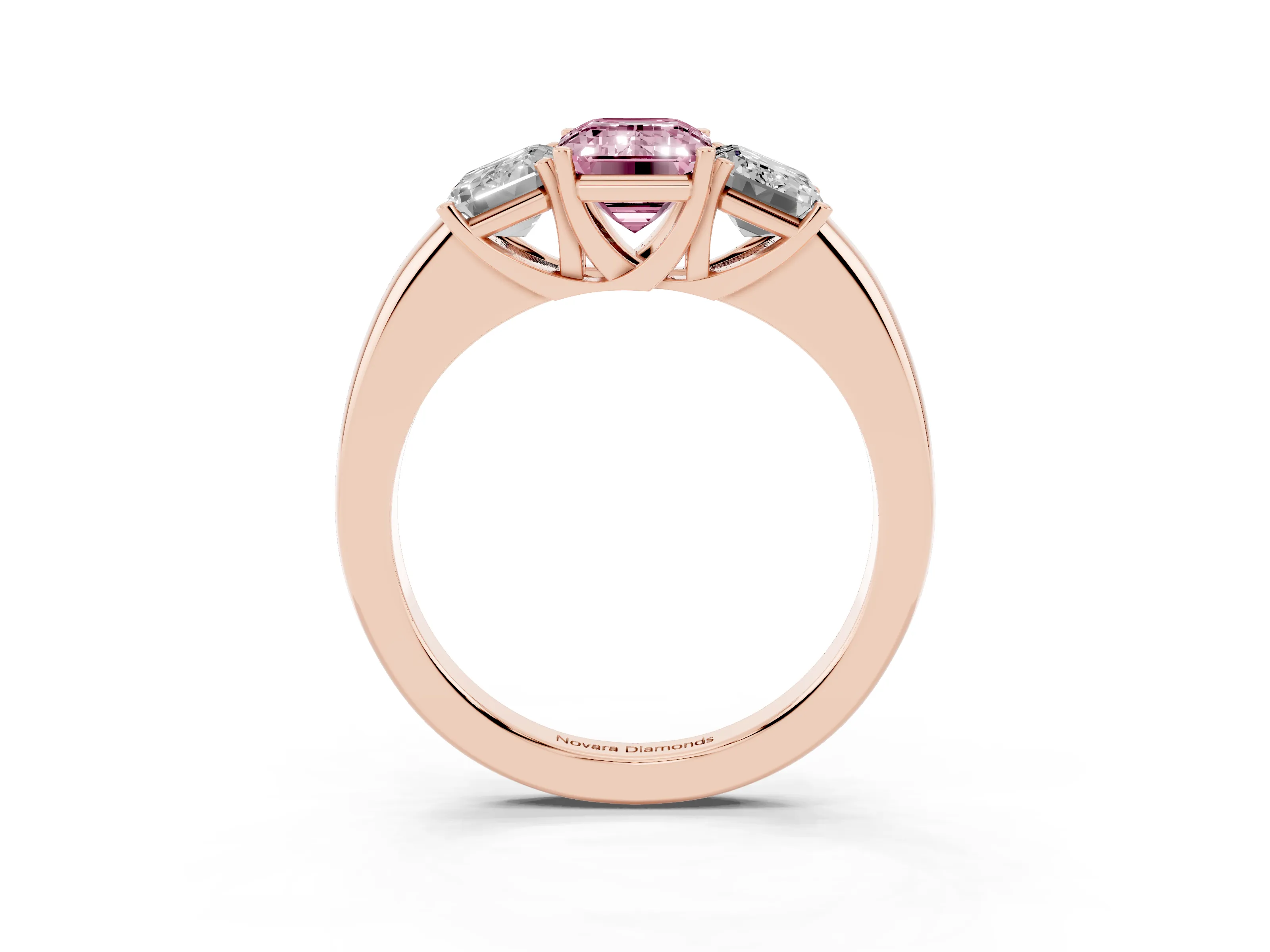 Fancy Pink Emerald Cut Diamond Three-Stone Ring Set in Rose gold with Bold Center and Classic Band