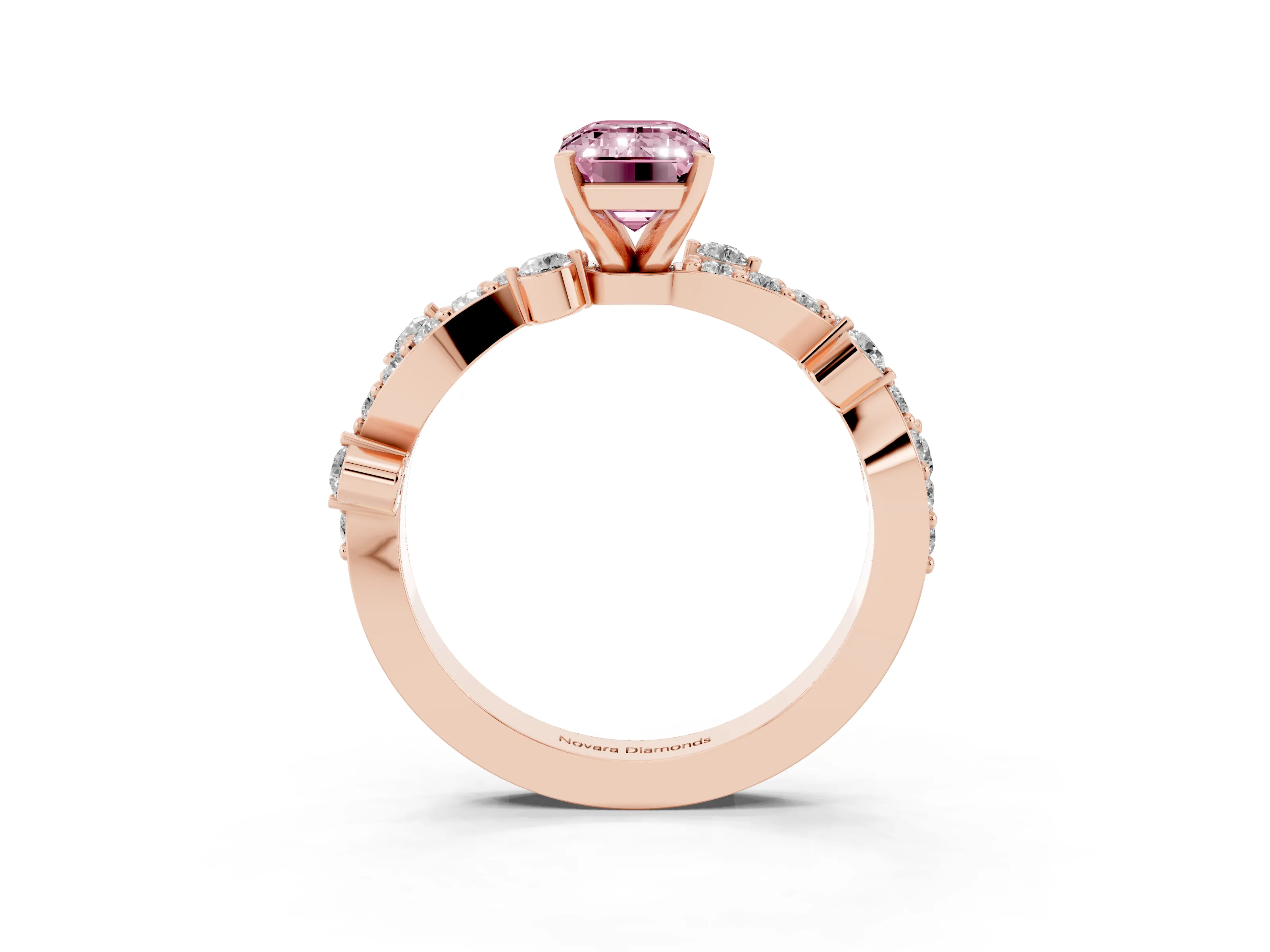 Fancy Pink Emerald Cut Diamond Solitaire Twisted Band Set in Rose gold with Pavé Setting