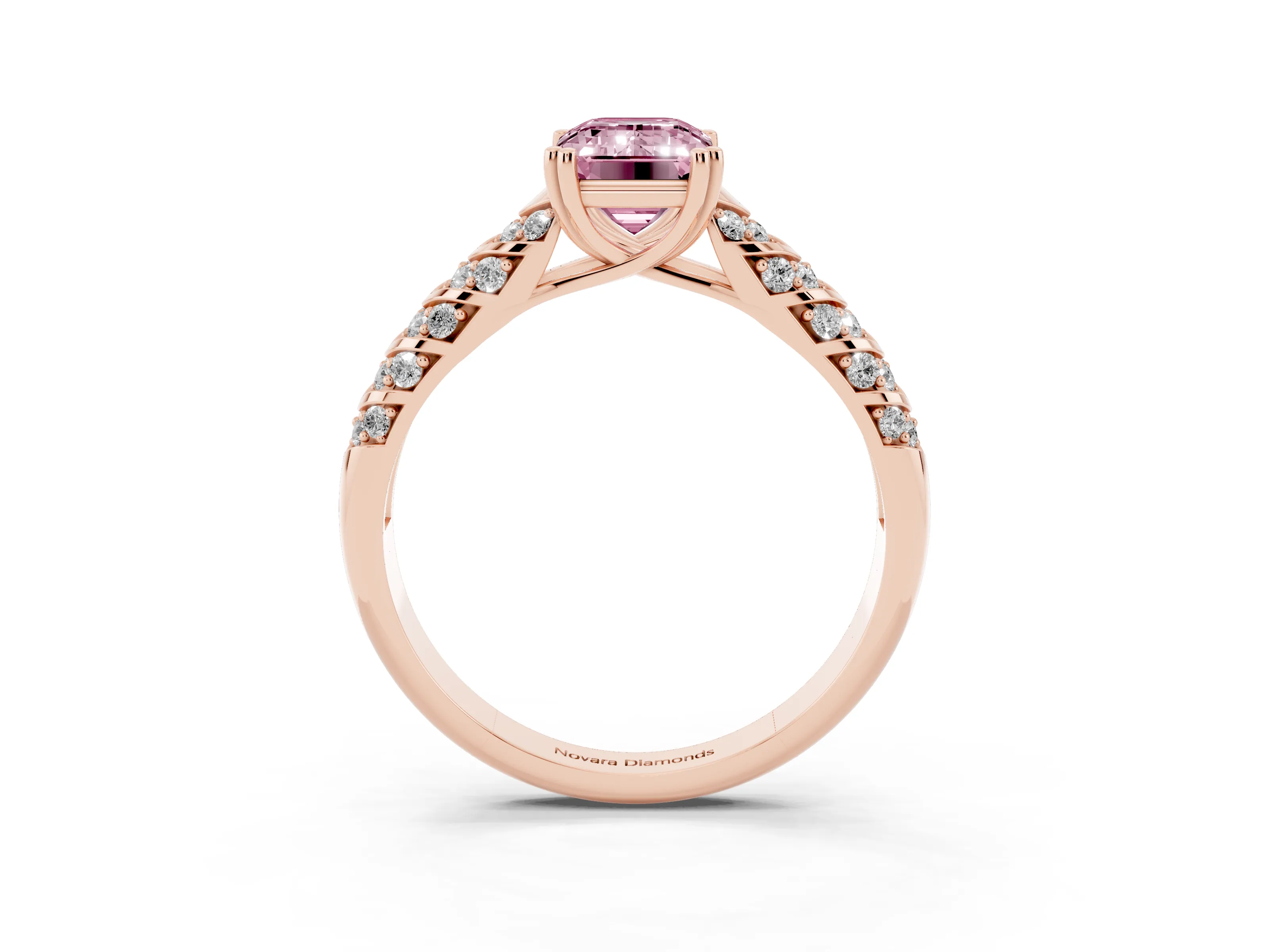 Fancy Pink Emerald Cut Diamond Solitaire Chevron Pavé Engagement Ring Set in Rose gold with Prong Setting
