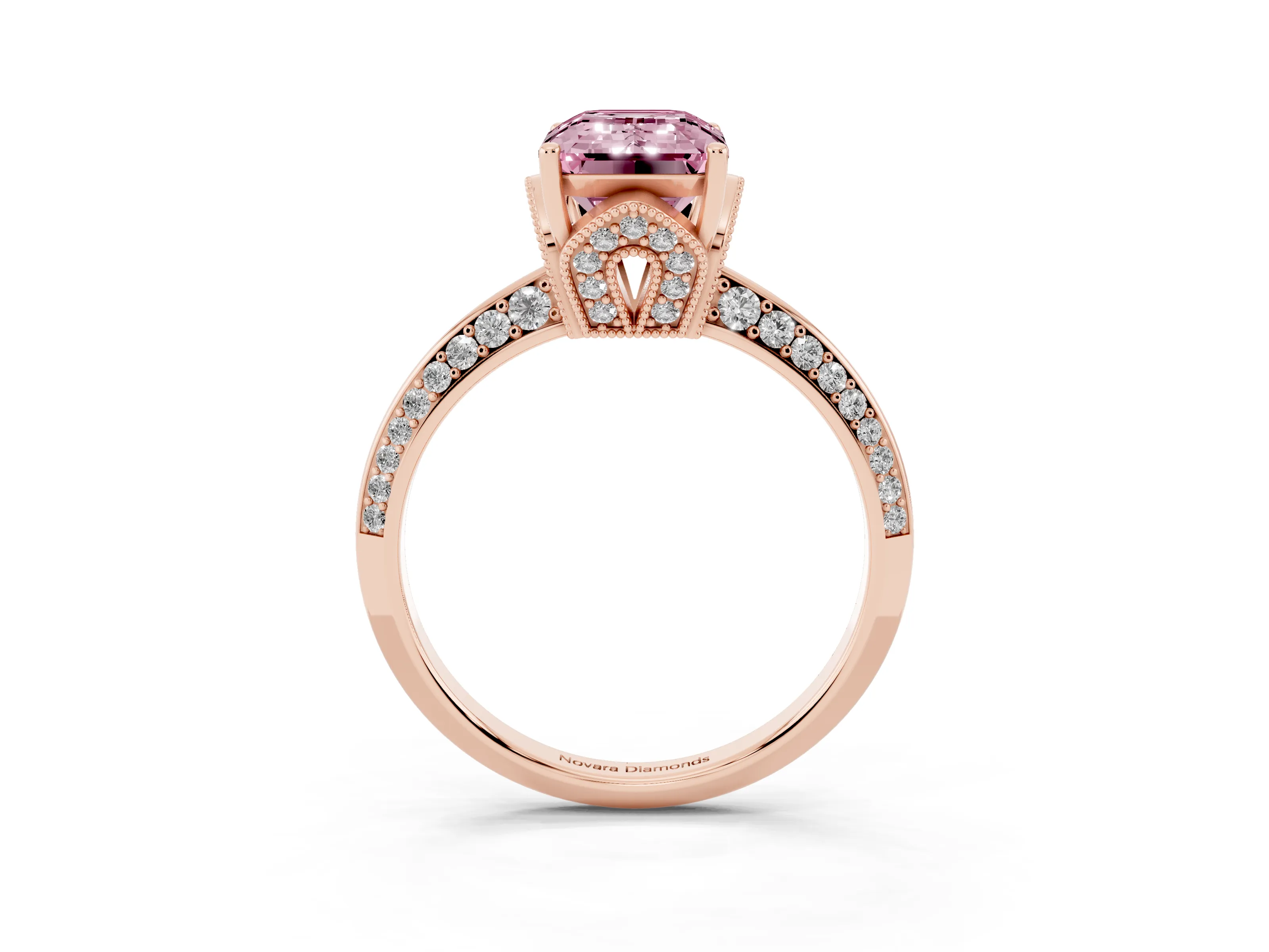 Fancy Pink Emerald Cut Diamond Solitaire Engagement Ring Set in Rose gold with Pavé Split Shank and Prong Setting
