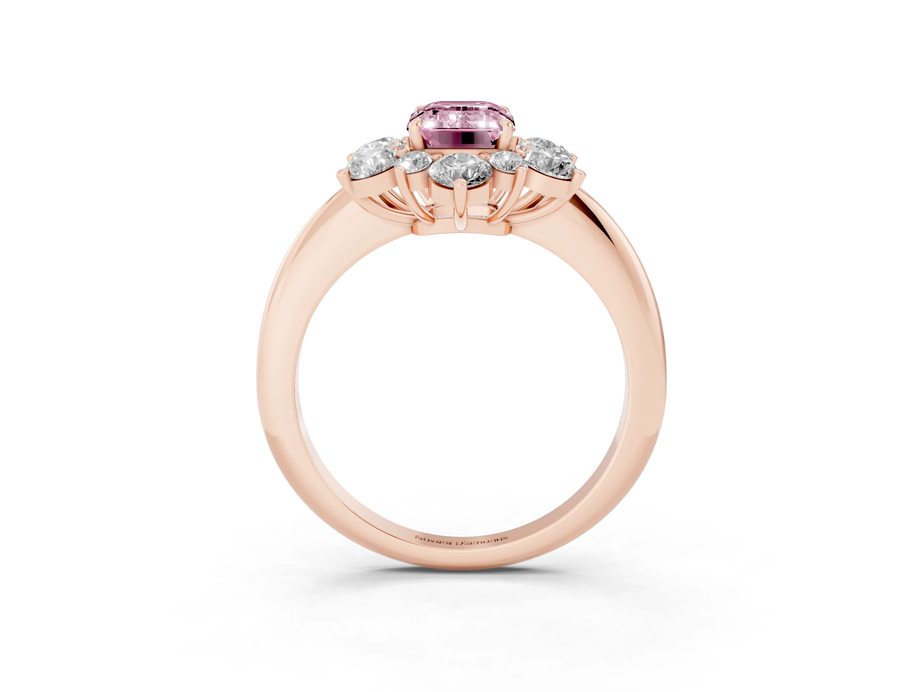 Fancy Pink Emerald Cut Diamond Cluster Halo Ring Set in Rose gold with Solitaire Band and Prong Setting
