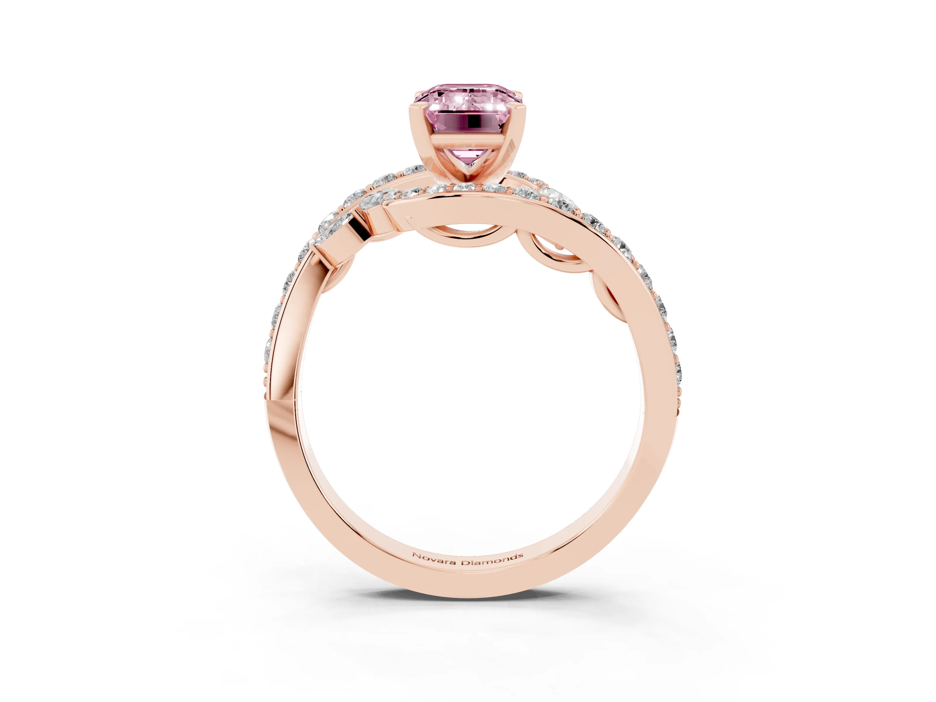 Fancy Pink Emerald Cut Diamond Solitaire Ring Set in Rose gold with Pavé Twist Band and Secure Prong Setting