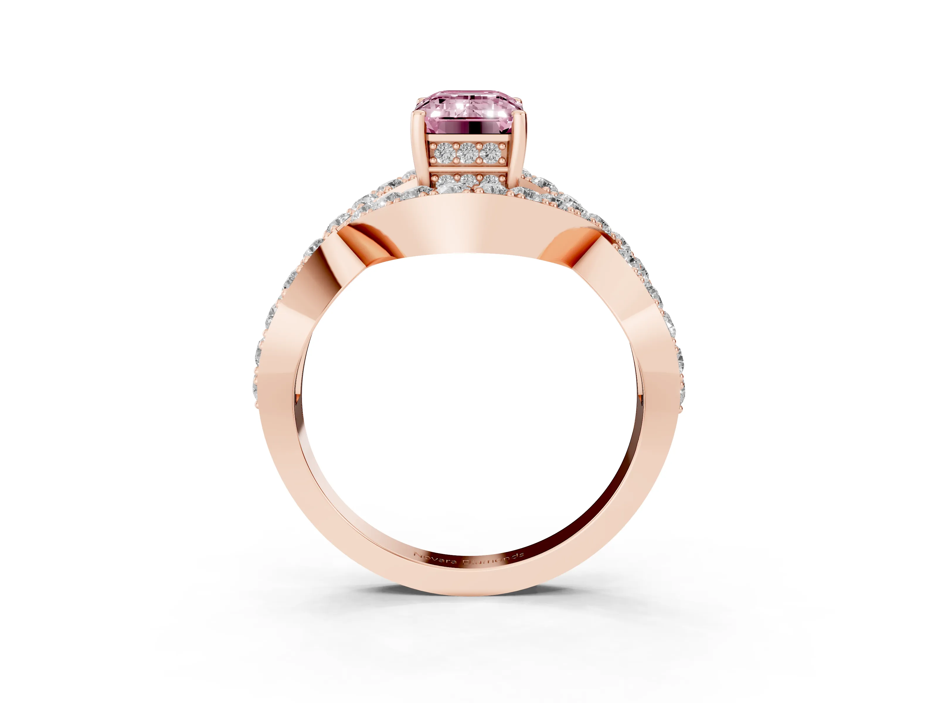 Fancy Pink Emerald Cut Diamond Solitaire Twist Band Pavé Engagement Ring Set in Rose gold
