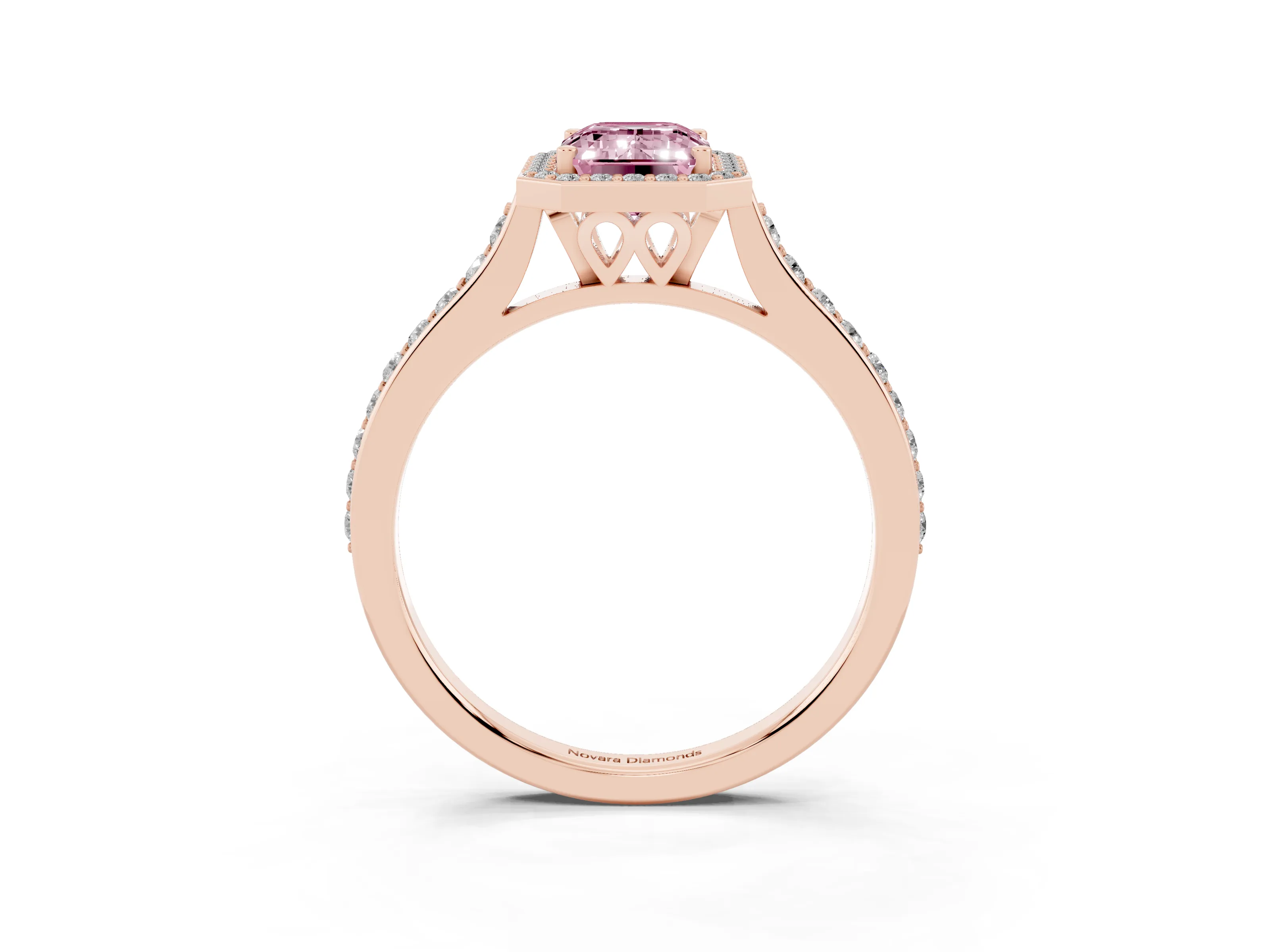 Fancy Pink Emerald Cut Diamond Halo Engagement Ring Set in Rose gold with Round Pavé Shoulders and Heart Gallery