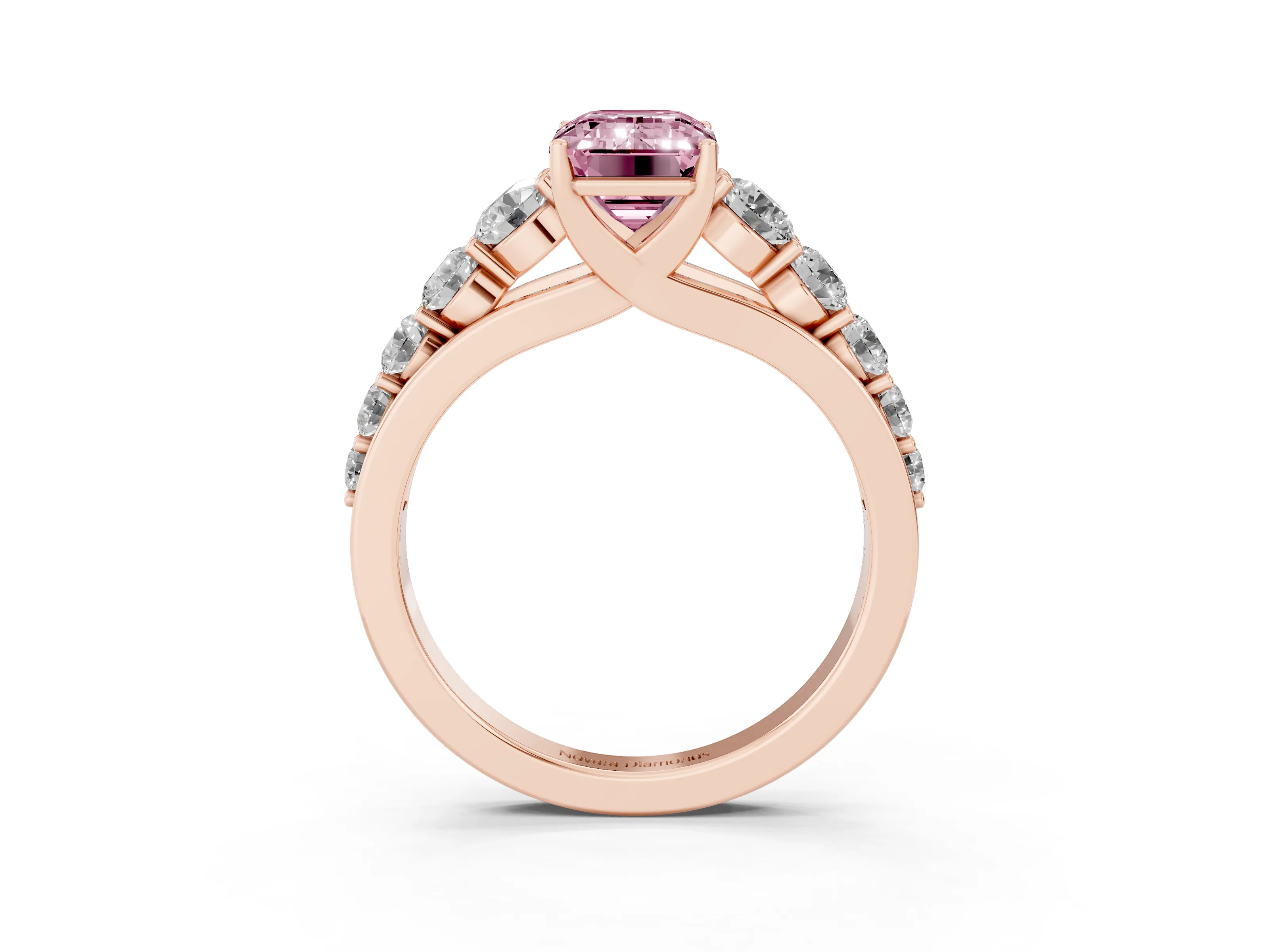 Fancy Pink Emerald Cut Diamond Solitaire Ring Set in Rose gold with Pavé-Set Band and Prong Setting