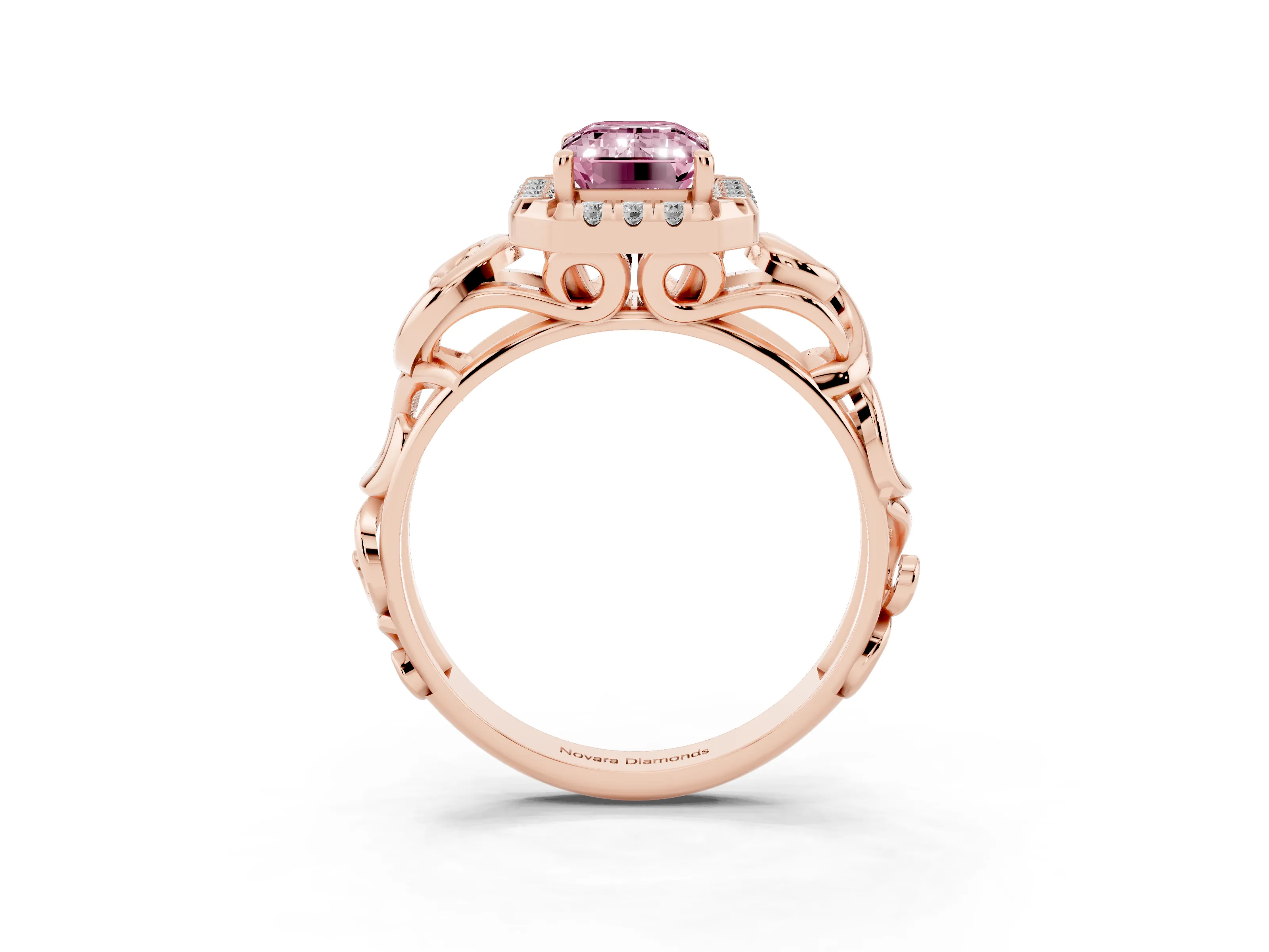 Fancy Pink Emerald Cut Diamond Halo Ring Set in Rose gold with Scrollwork Band and Prong Setting