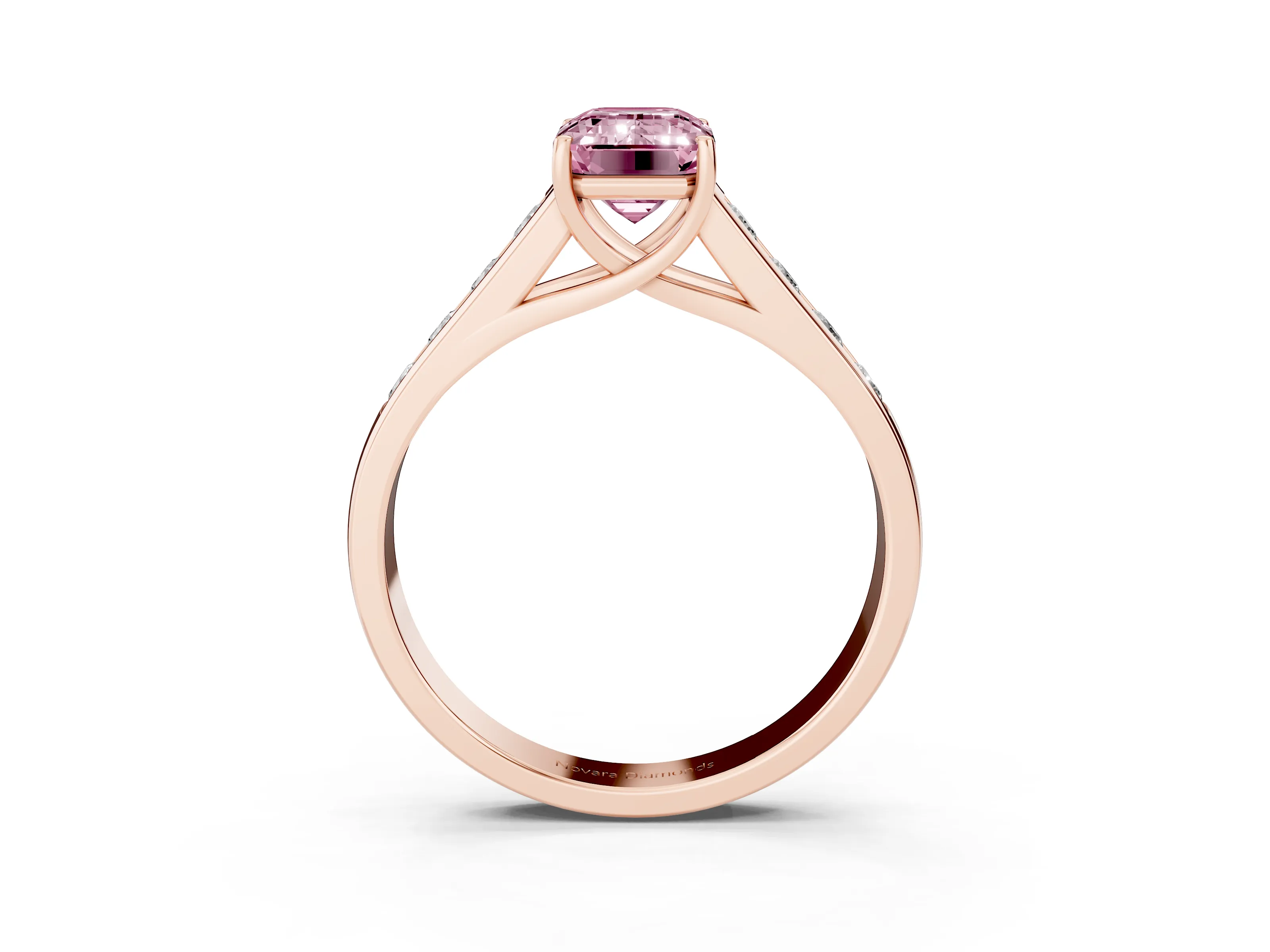 Fancy Pink Emerald Cut Diamond Solitaire Channel-Set Engagement Ring Set in Rose gold with Prong Setting