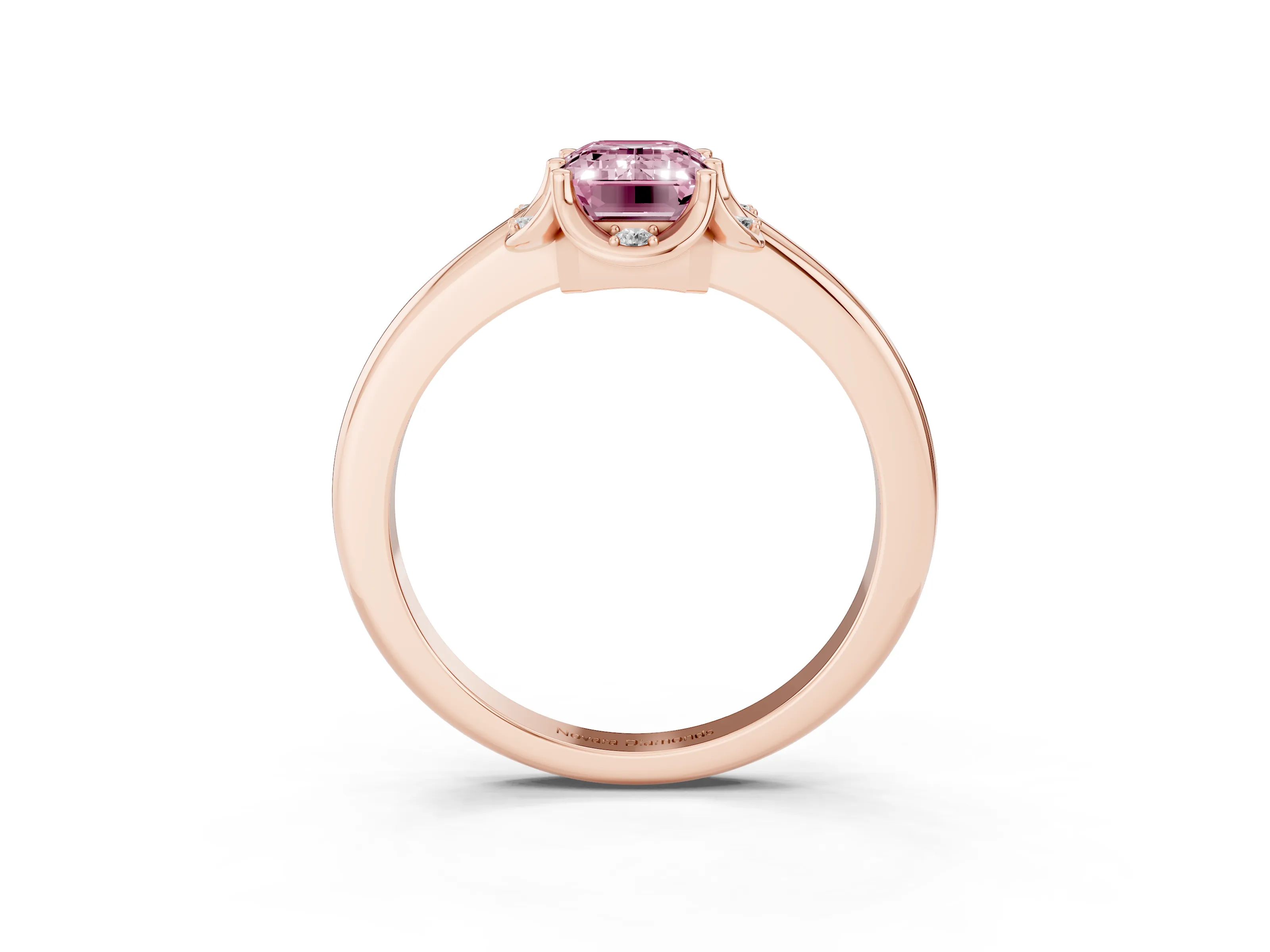 Fancy Pink Emerald Cut Diamond Round Cluster Halo Ring Set in Rose gold with Solitaire Band and Prong Setting