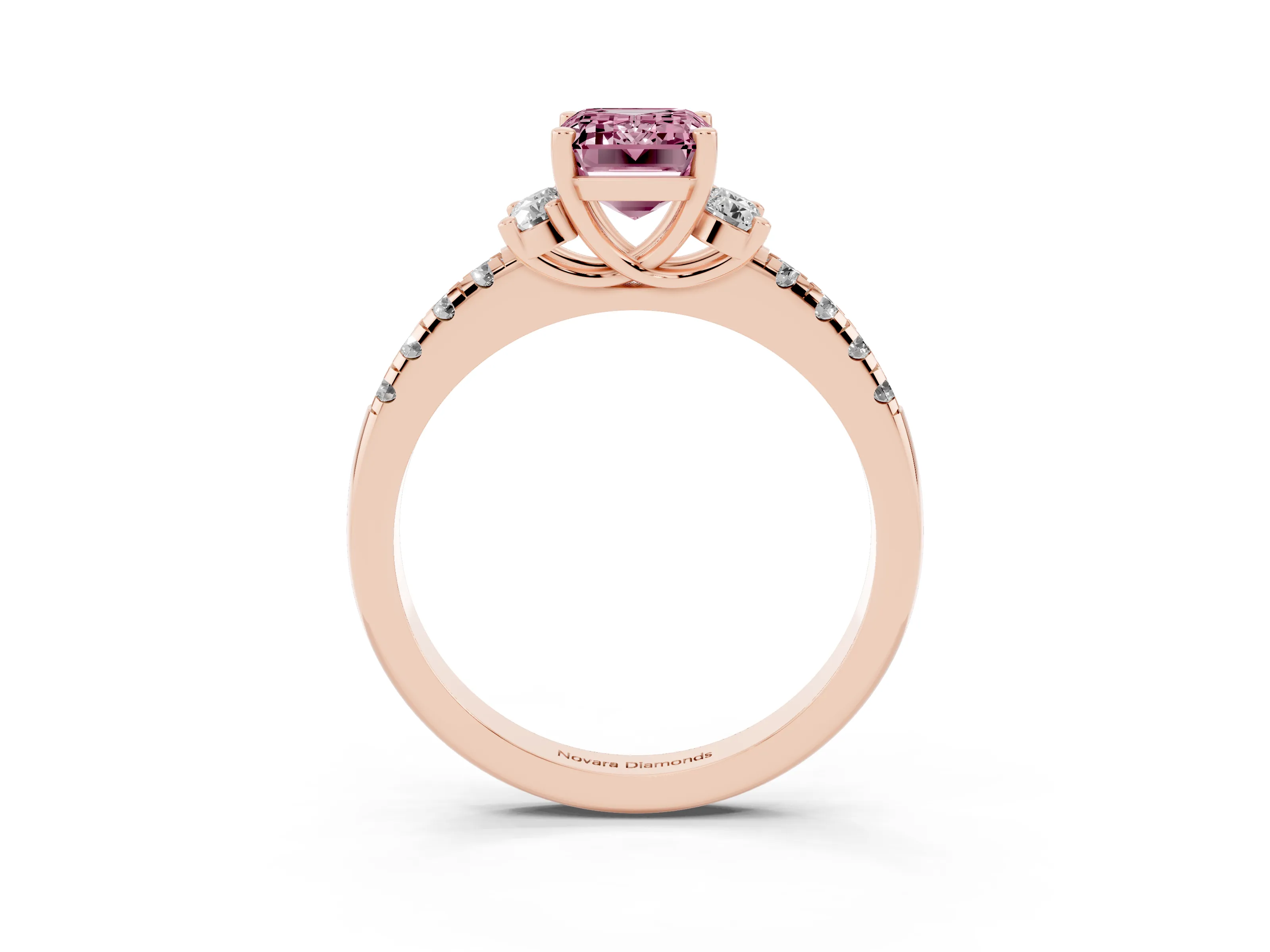 Fancy Pink Emerald Cut Diamond Three-Stone Pavé Ring Set in Rose gold with Prong Setting