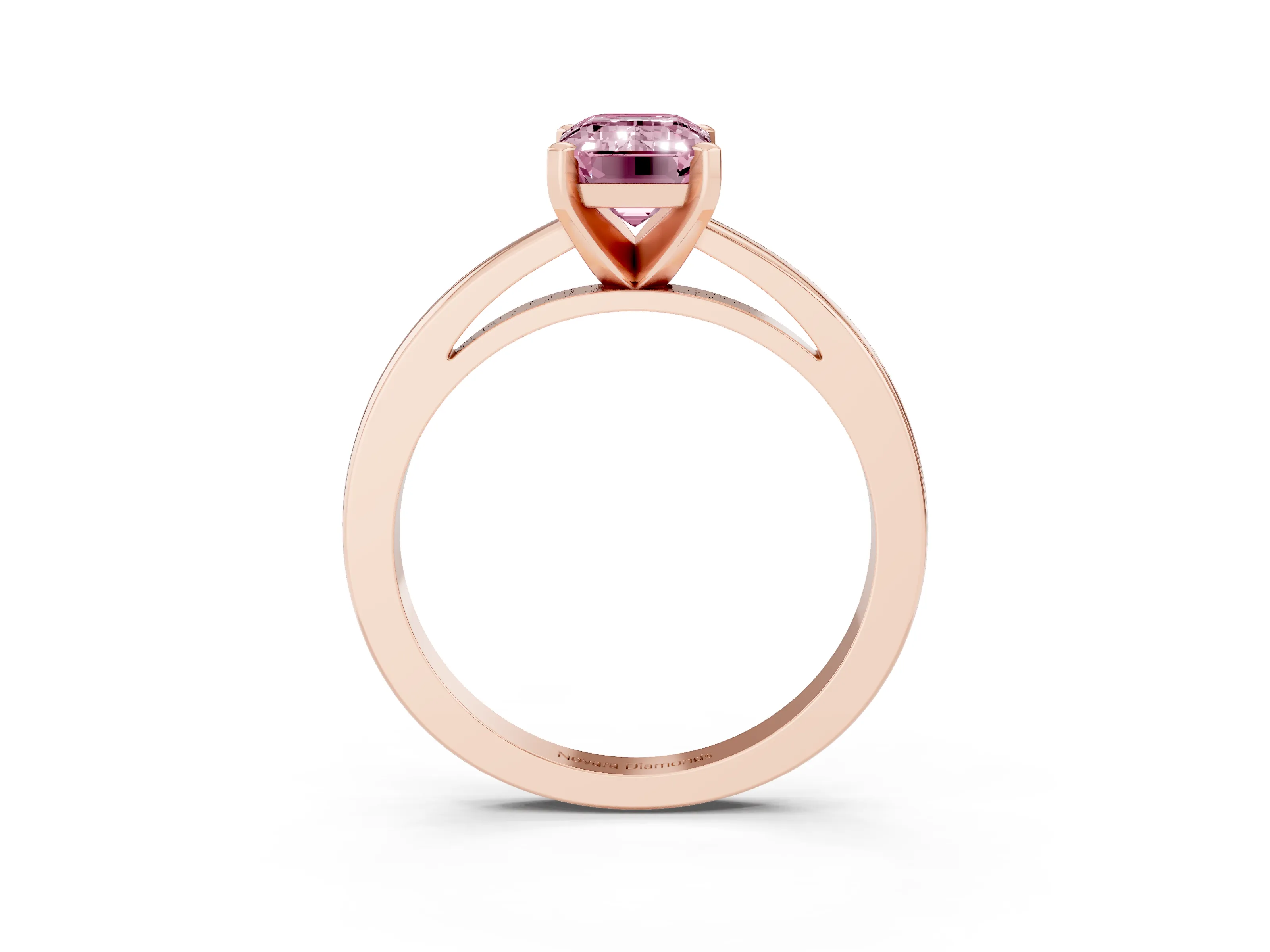 Fancy Pink Emerald Cut Diamond Solitaire Engagement Ring Set in Rose gold with Prong Setting on a Classic Band