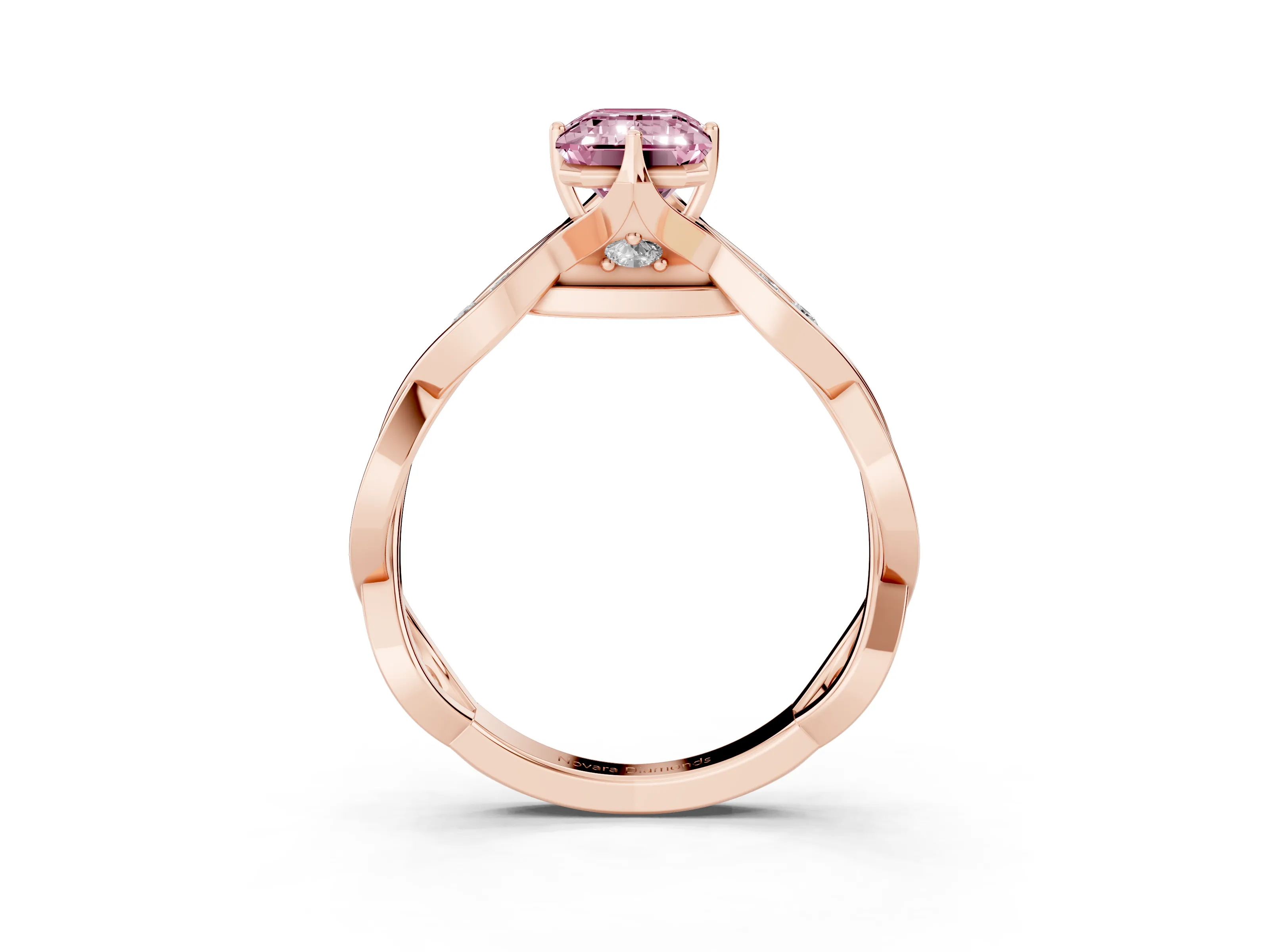 Fancy Pink Emerald Cut Diamond Twist Band Solitaire Ring Set in Rose gold with Leaf Prong Setting and Accent Stones