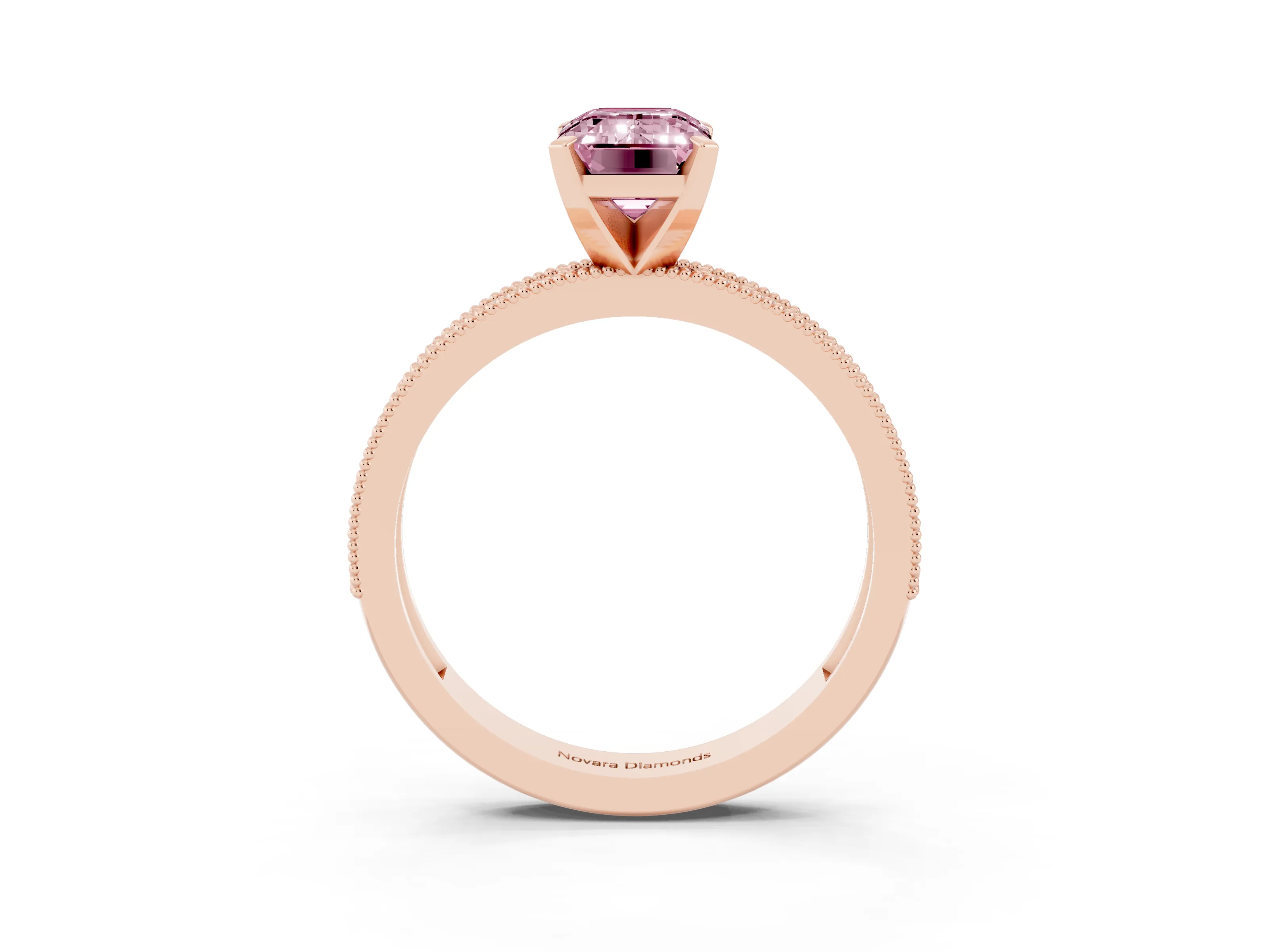 Fancy Pink Emerald Cut Diamond Milgrain Pavé Engagement Ring Set in Rose gold with Prong Setting