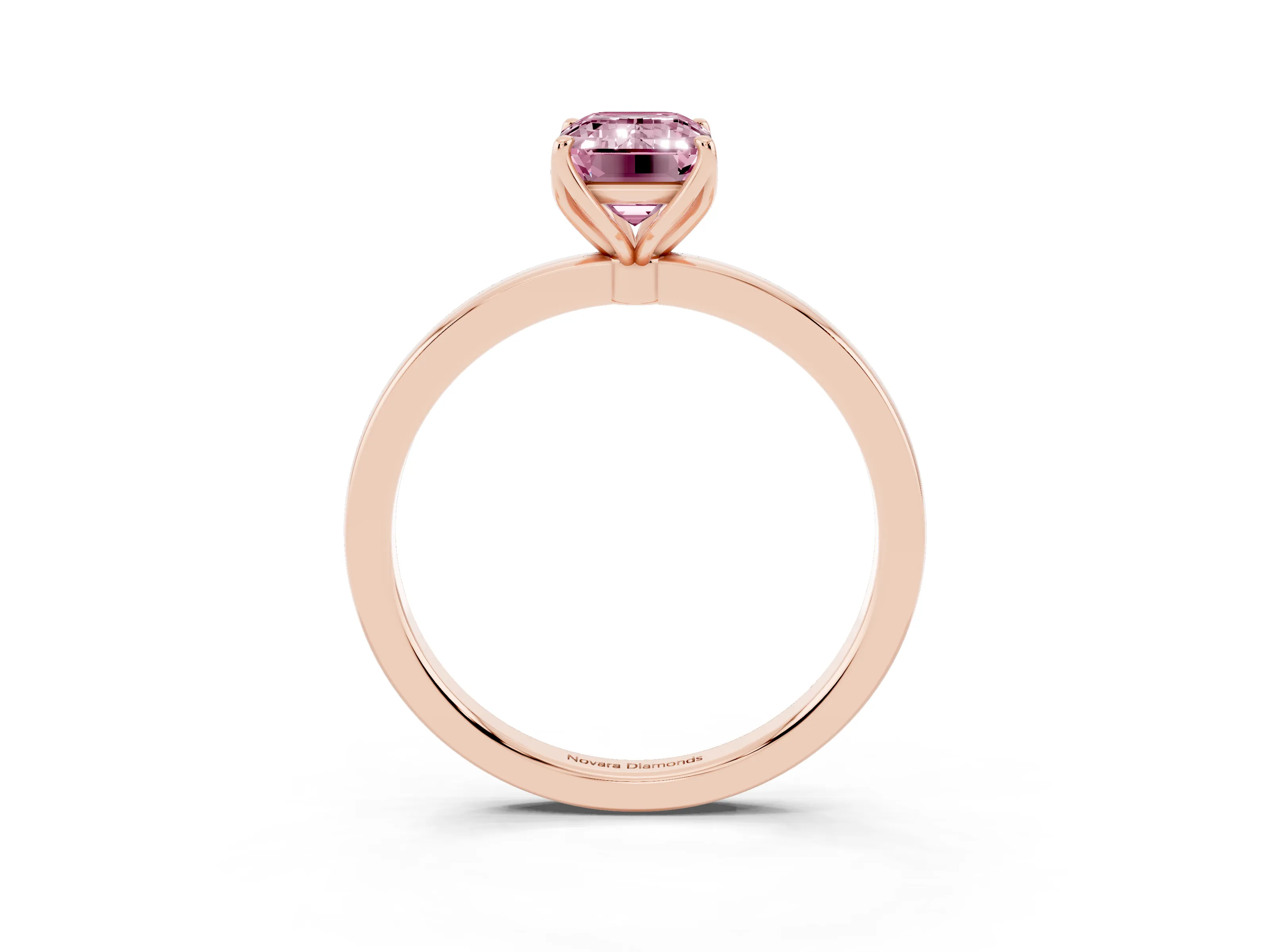 Fancy Pink Emerald Cut Diamond Solitaire Ring Set in Rose gold with Prong Setting and Thin Polished Band