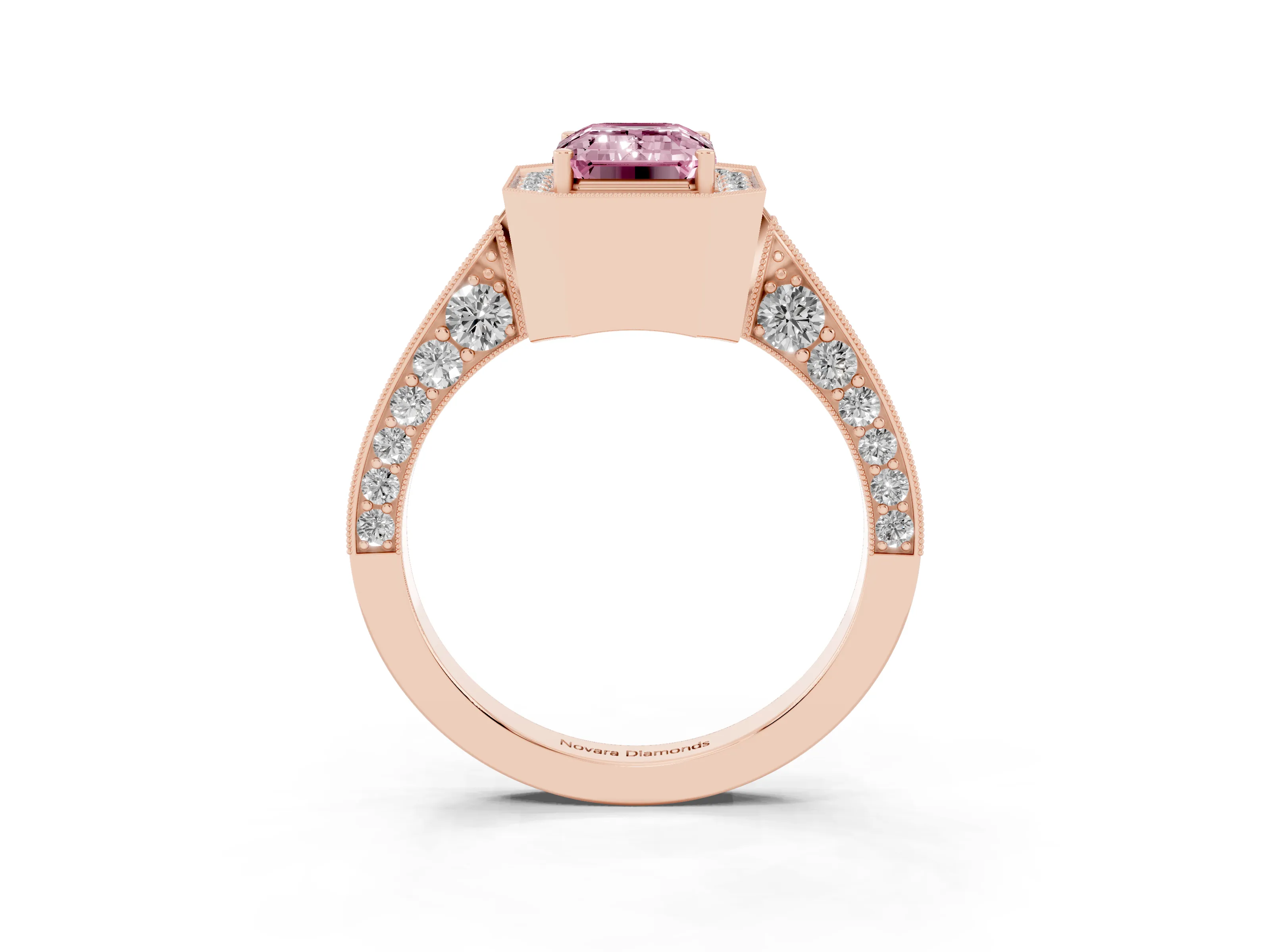 Fancy Pink Emerald Cut Diamond Halo Engagement Ring Set in Rose gold with Accent Split Shank Band