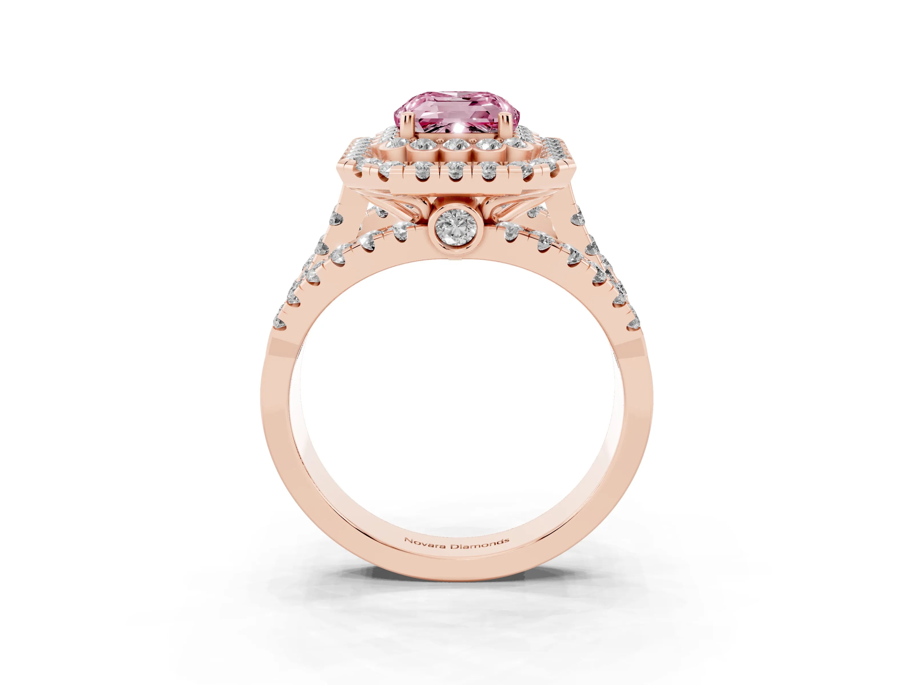 Fancy Pink Emerald Cut Diamond Double Halo Ring Set in Rose gold with Round Pavé Split Shank