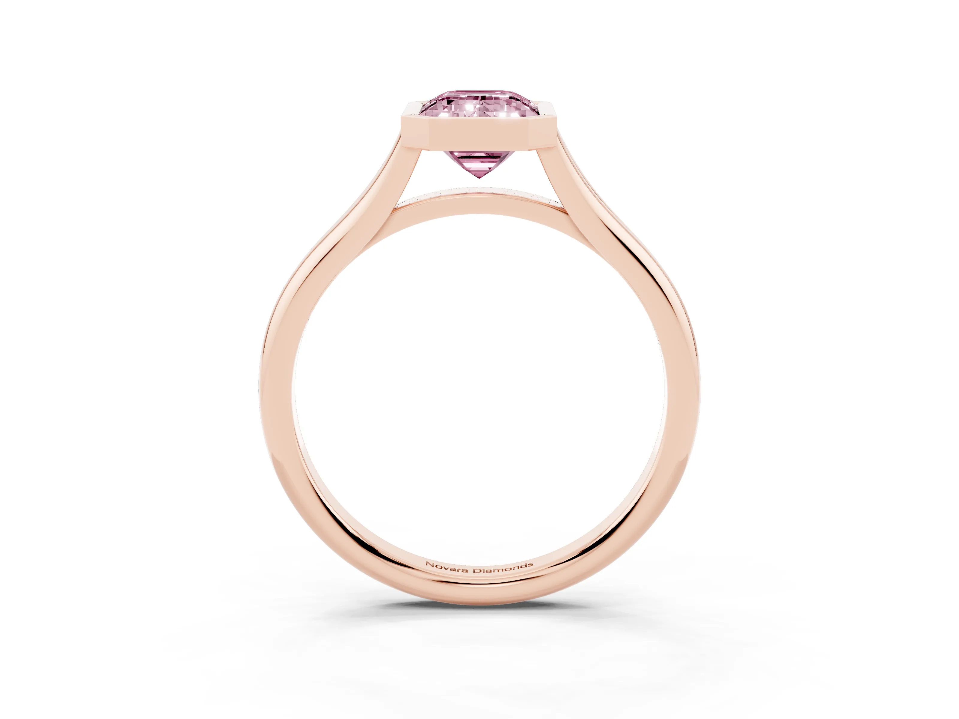 Fancy Pink Bezel Set Emerald Cut Diamond Solitaire Ring Set in Rose gold with Tapered Band